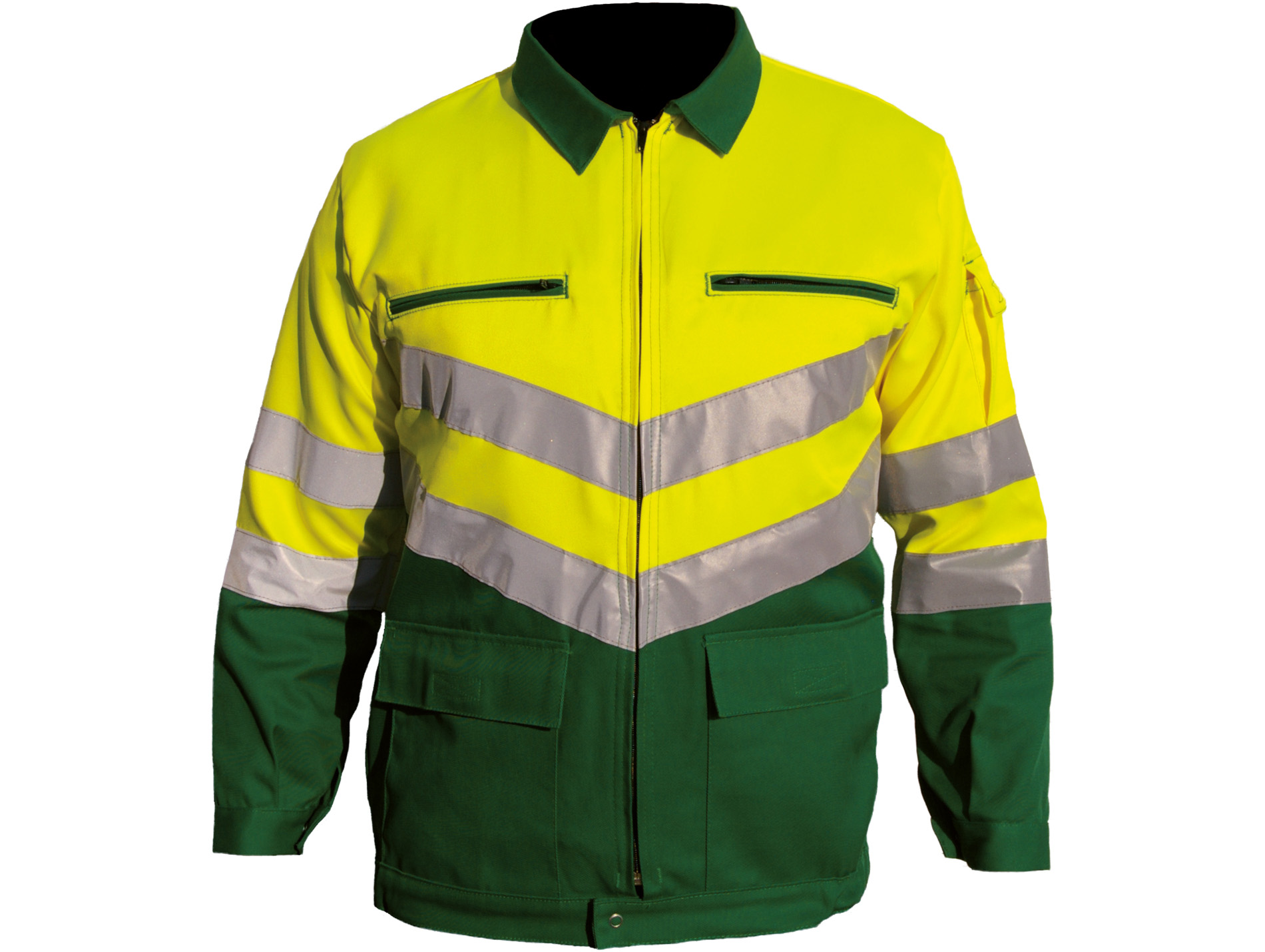 Blouson haute visibilité multipoches vert/jaune