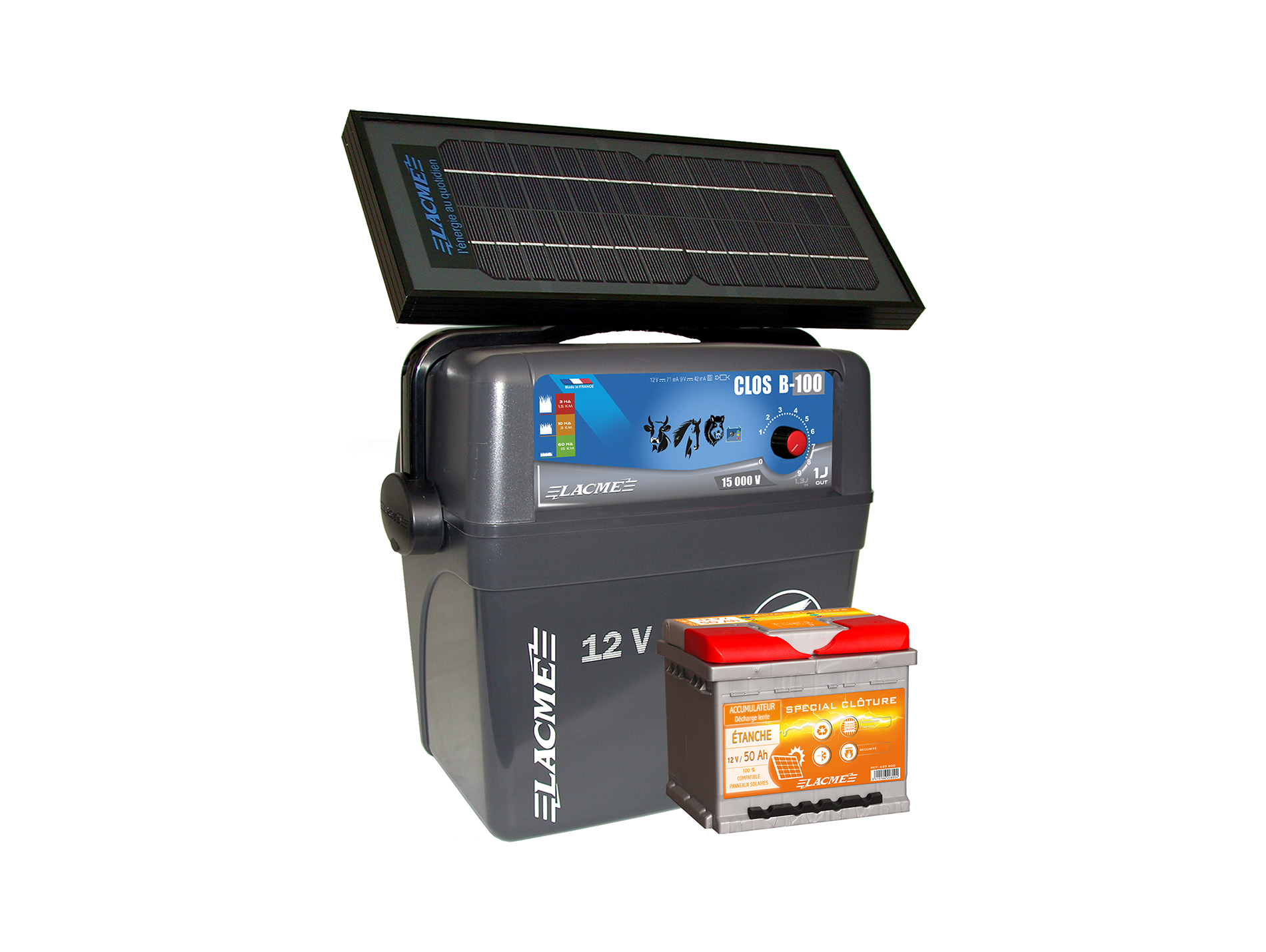Electrificateur batterie LACME clos B100 + kit solaire 1J