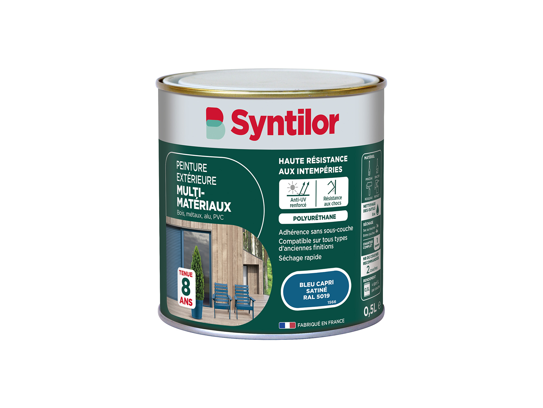Peinture extérieure multi-matériaux SYNTILOR Bleu Capri 500ml