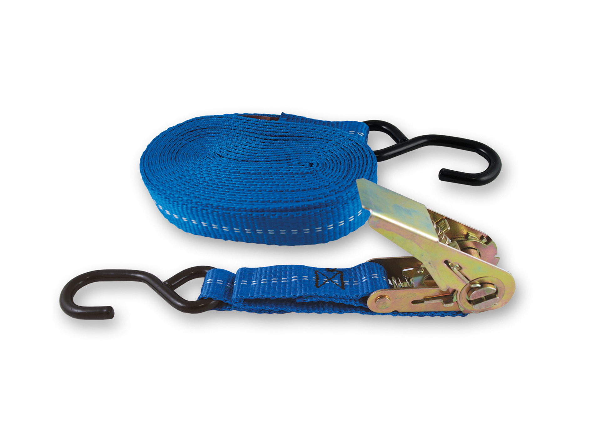 Sangle polypropylène tendeur + 2 crochets L.5m bleu