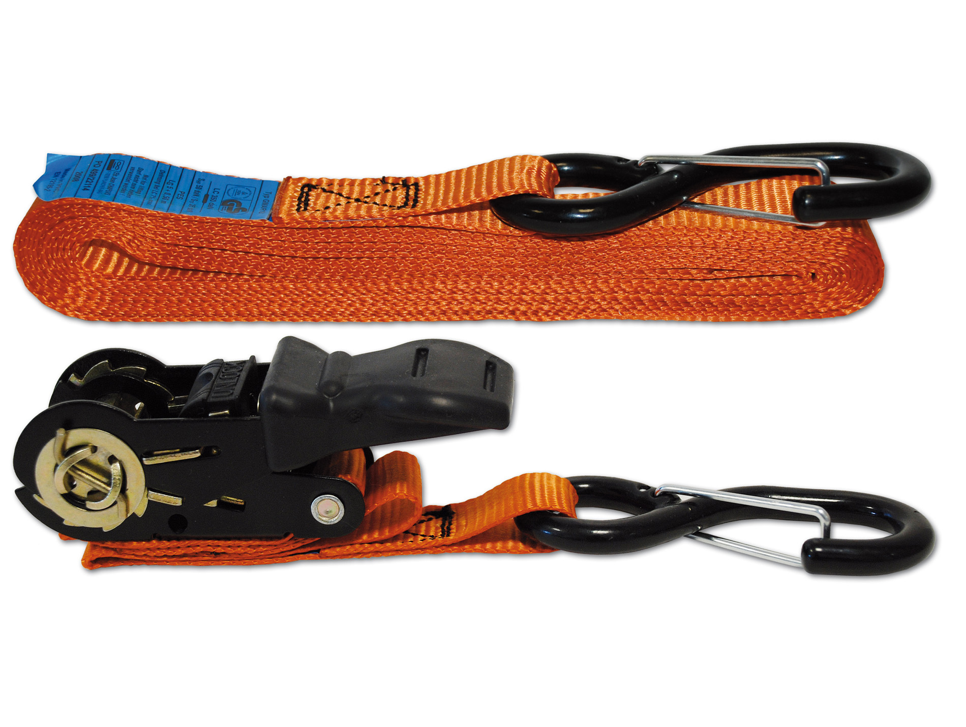 Sangle polyester tendeur à cliquet + 2 crochets L.5m orange