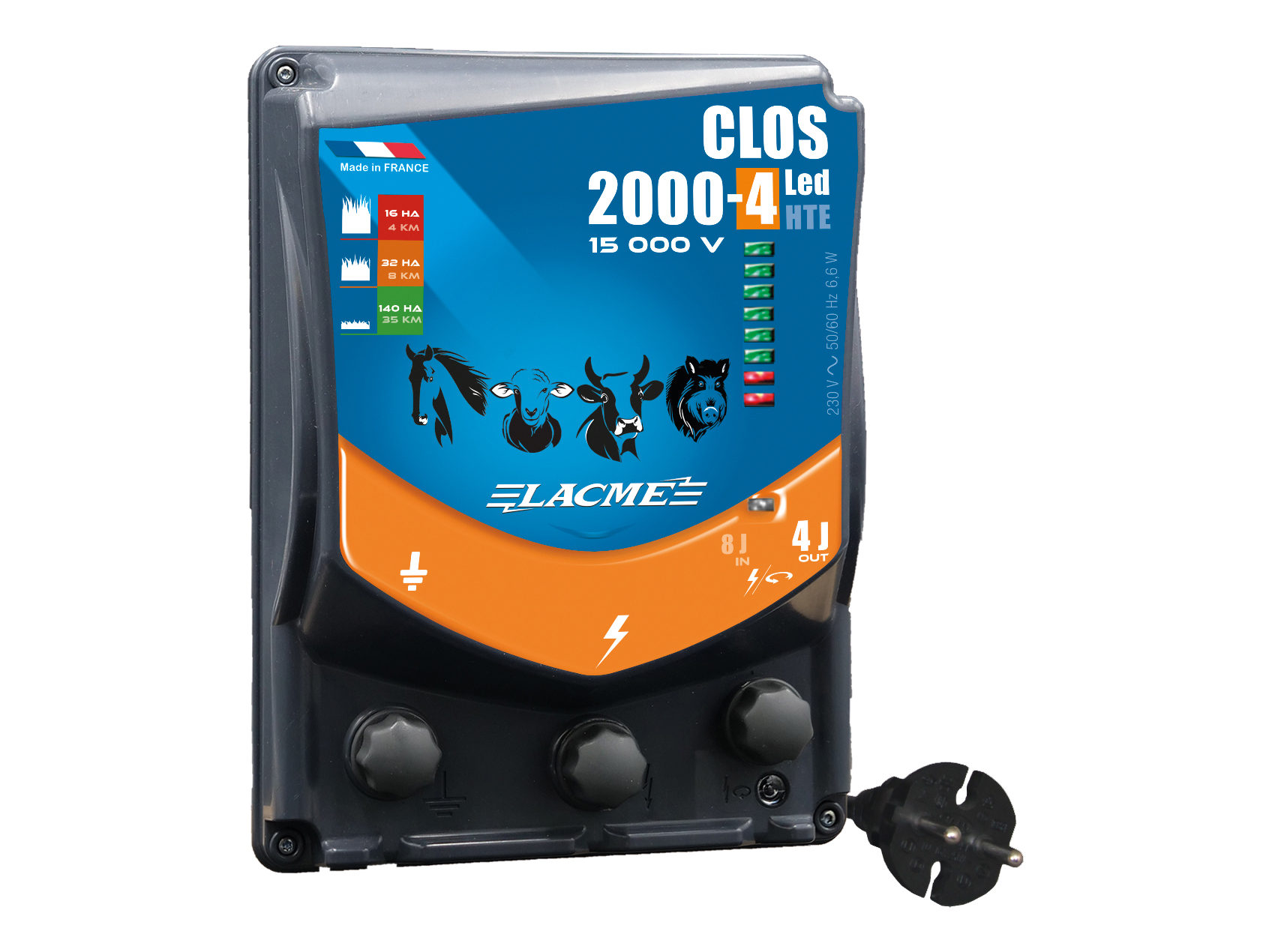 Electrificateur secteur LACME clos 2000-4 led hte 4J