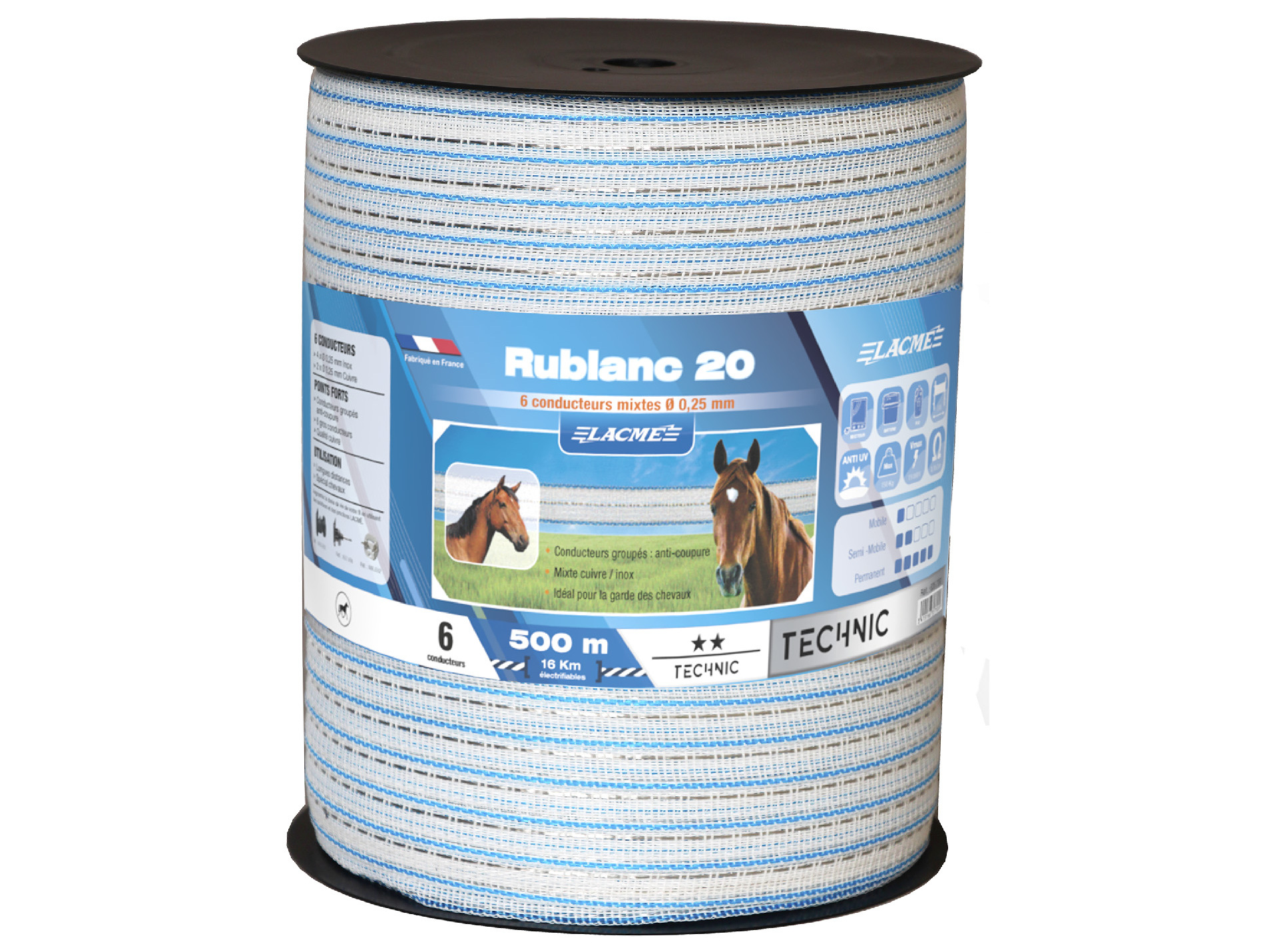 Ruban LACME l.20mm x L.500m blanc/bleu