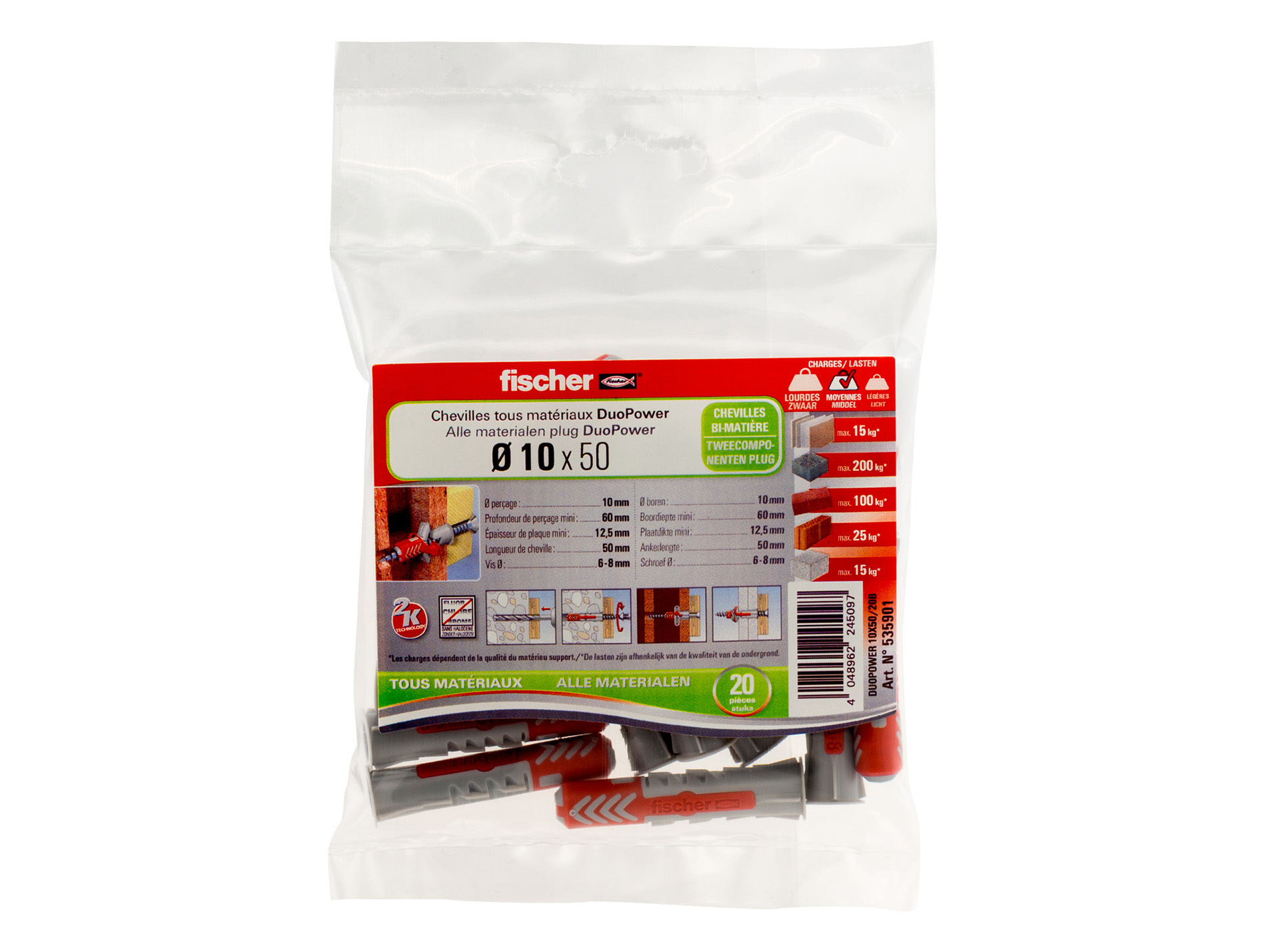 Cheville bi-matière DuoPower FISCHER Ø10mm L.50mm x20