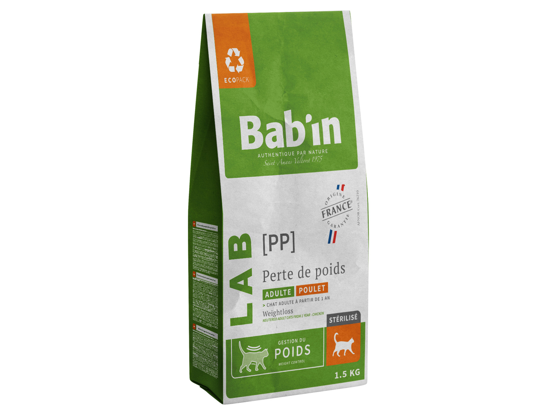 Croquettes chat adulte BAB'IN Lab perte poids poulet 1,5kg