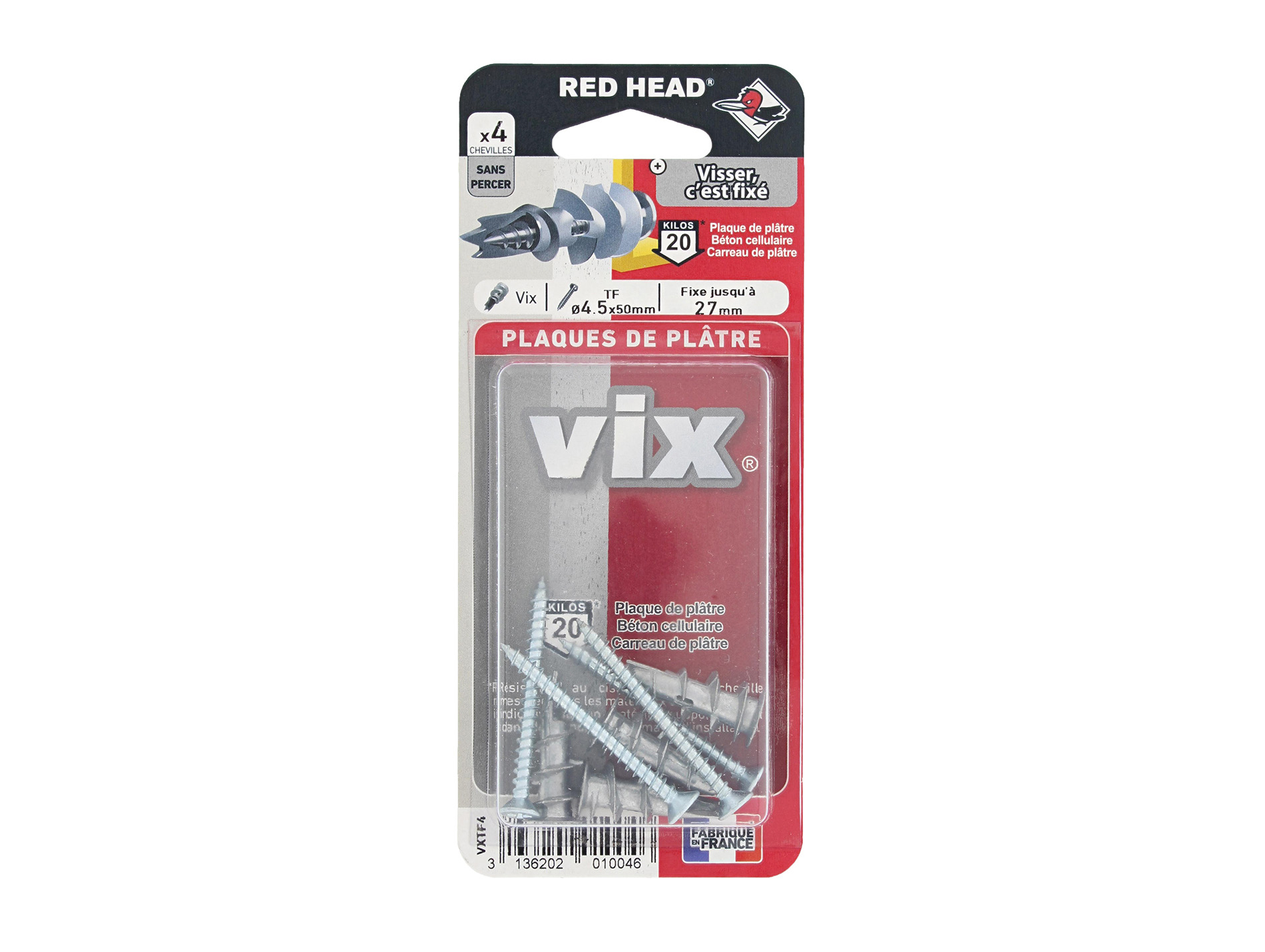 Chevilles autoforeuse avec vis RED HEAD Ø4,5mm L.50mm x4