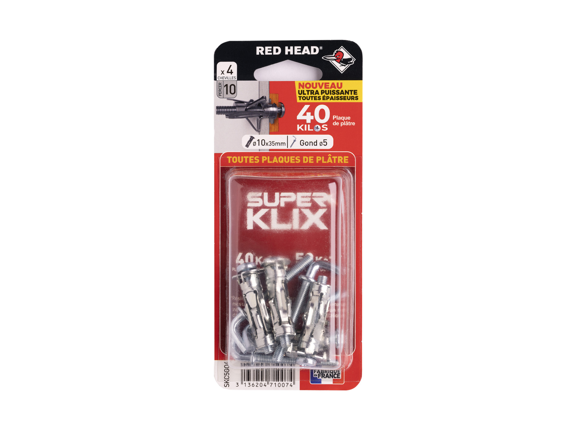 Chevilles à expansion avec gond Ø5mm RED HEAD Ø10mm L.35mm x4
