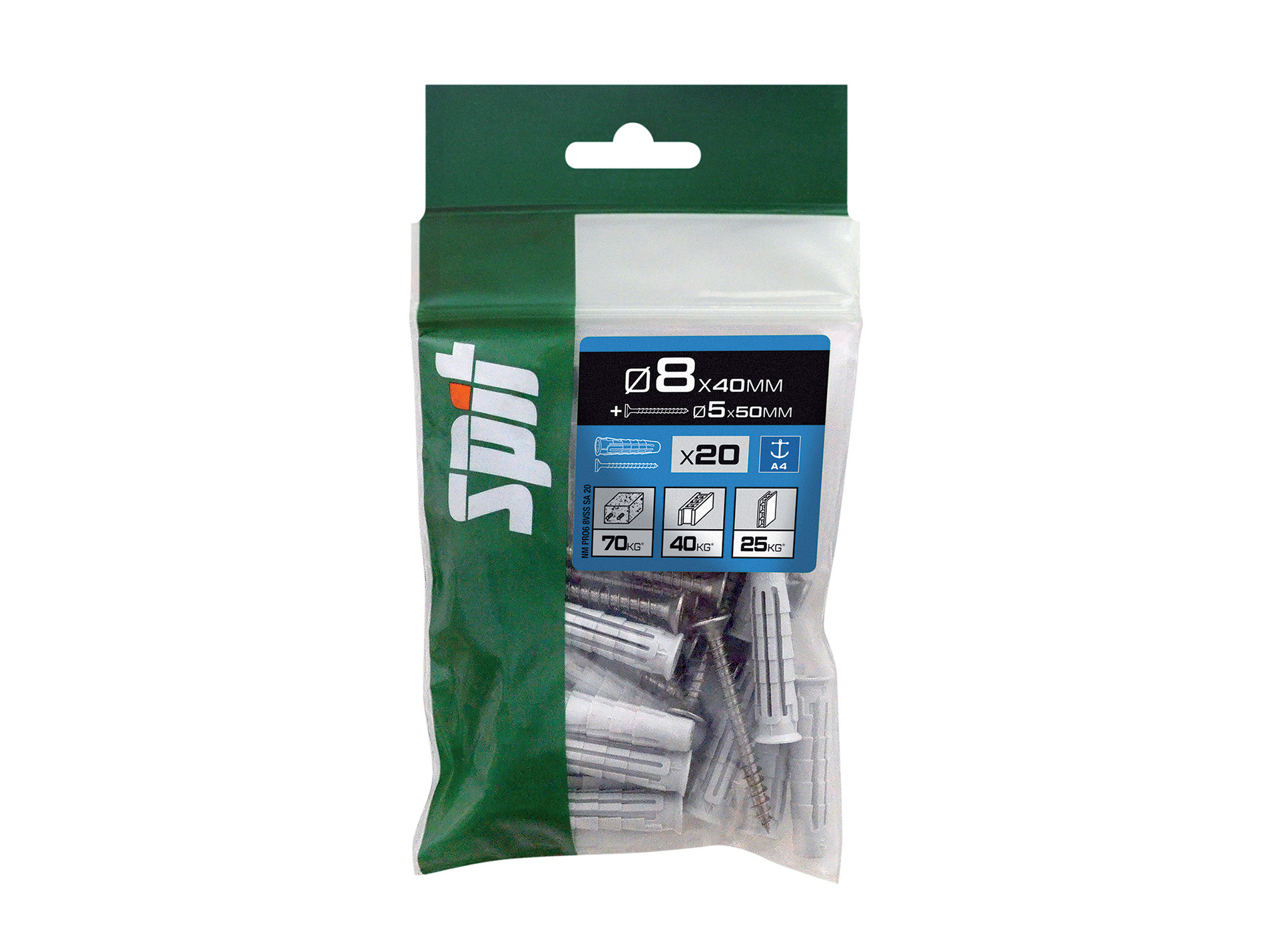 Chevilles nylon universelles avec vis Ø5mm SPIT Ø8mm L.40mm x20