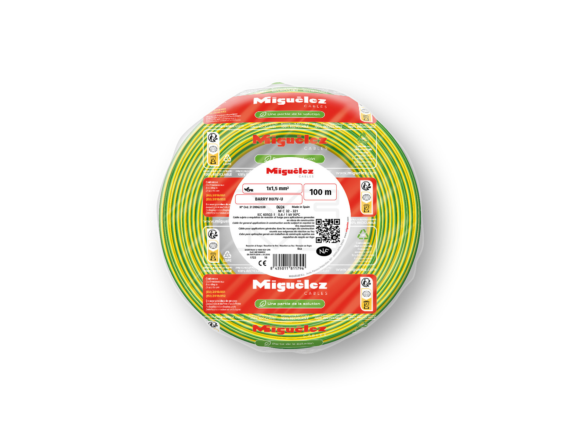 Câble électrique MIGUELEZ HO7VU 1x1,5mm² 100m Vert/Jaune