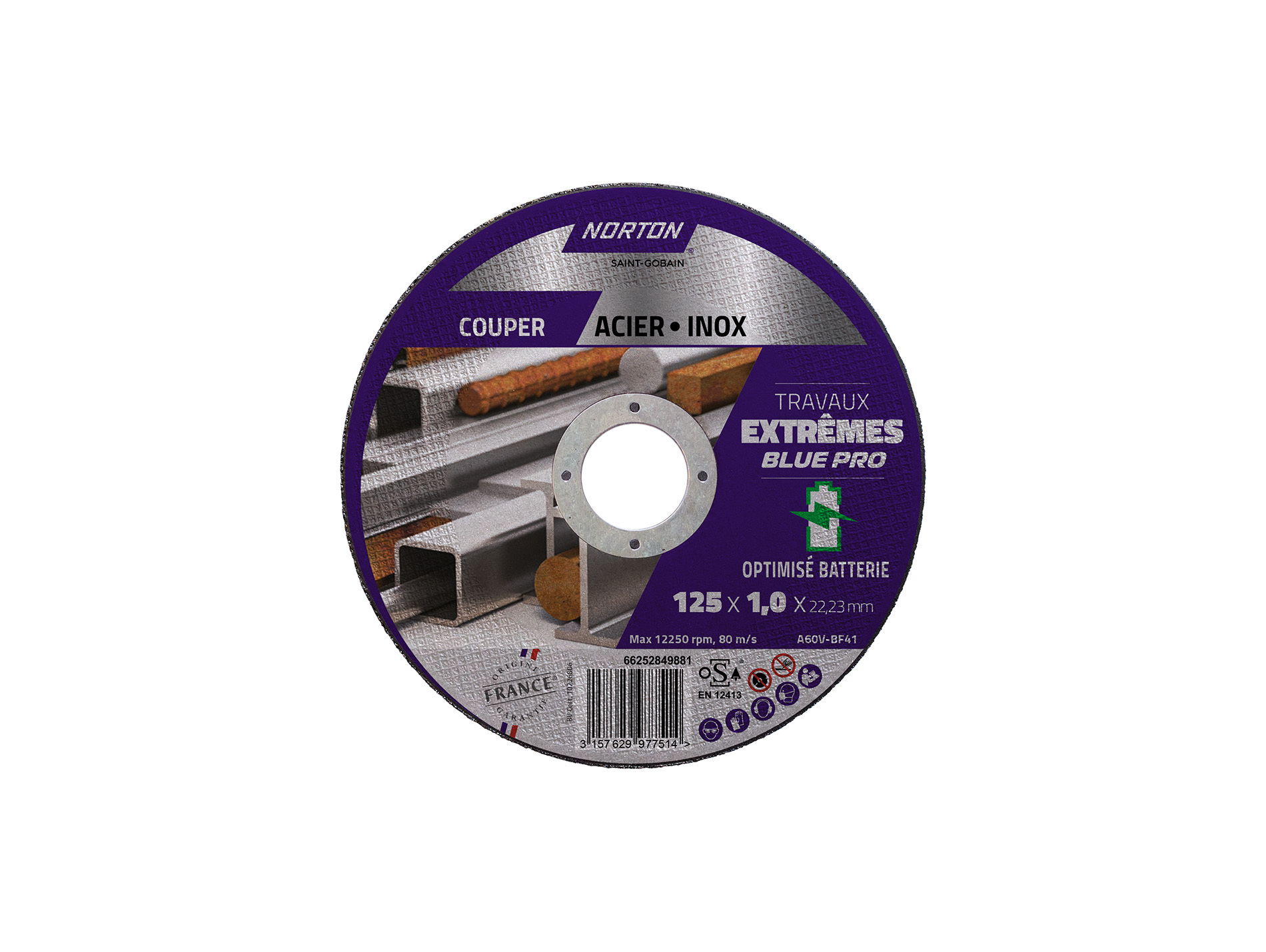 Disque à tronçonner NORTON plat extrême métal/inox Ø125mm