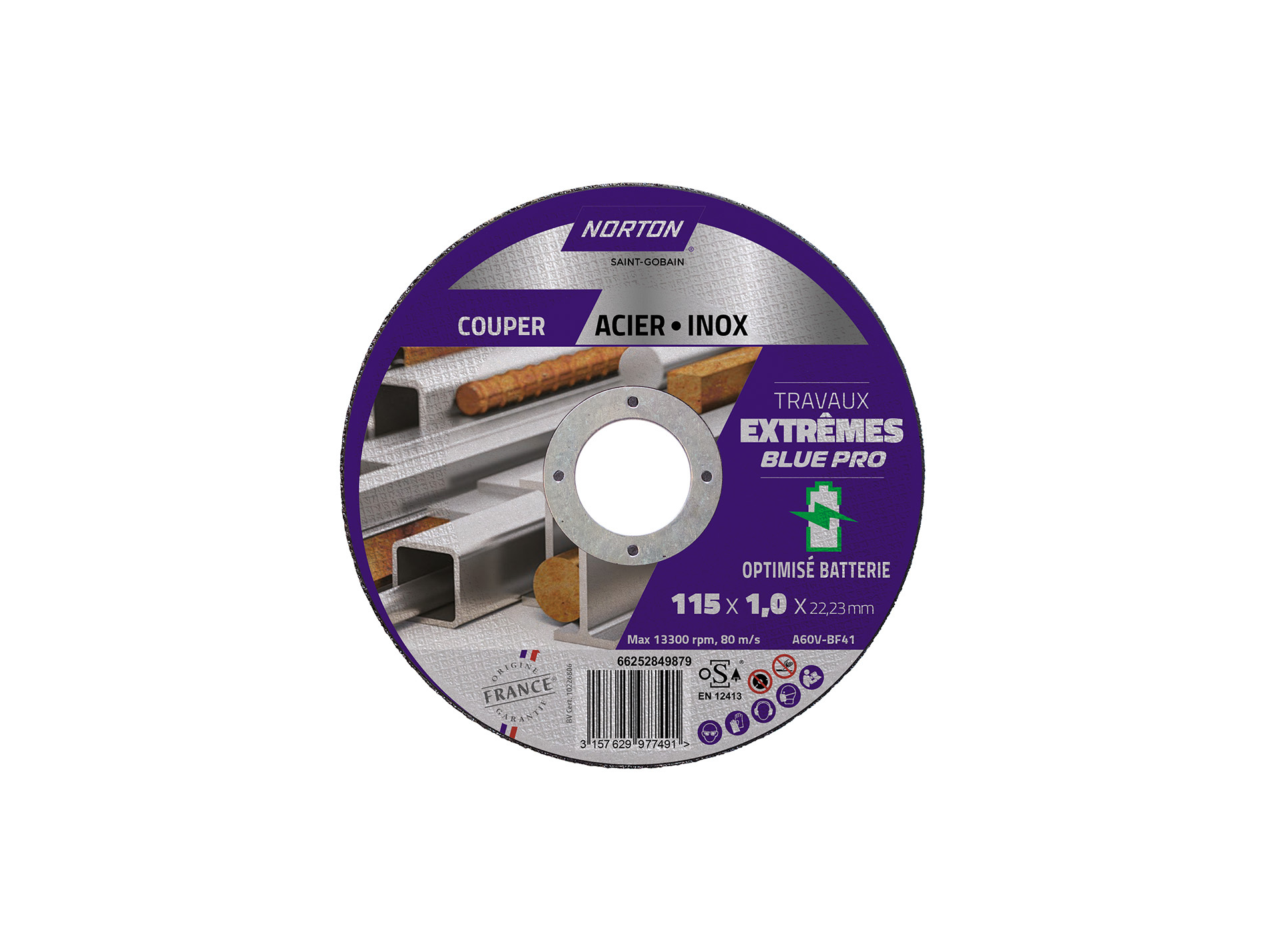 Disque à tronçonner NORTON plat extrême métal/inox Ø115mm