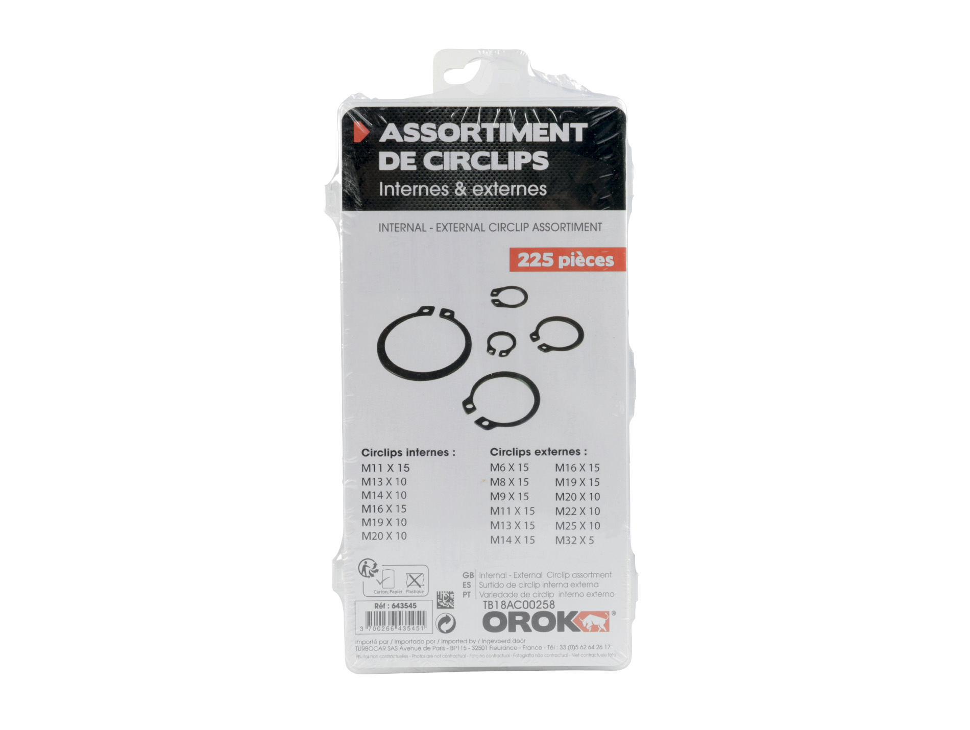 Assortiment de circlips internes et externes x225 pièces