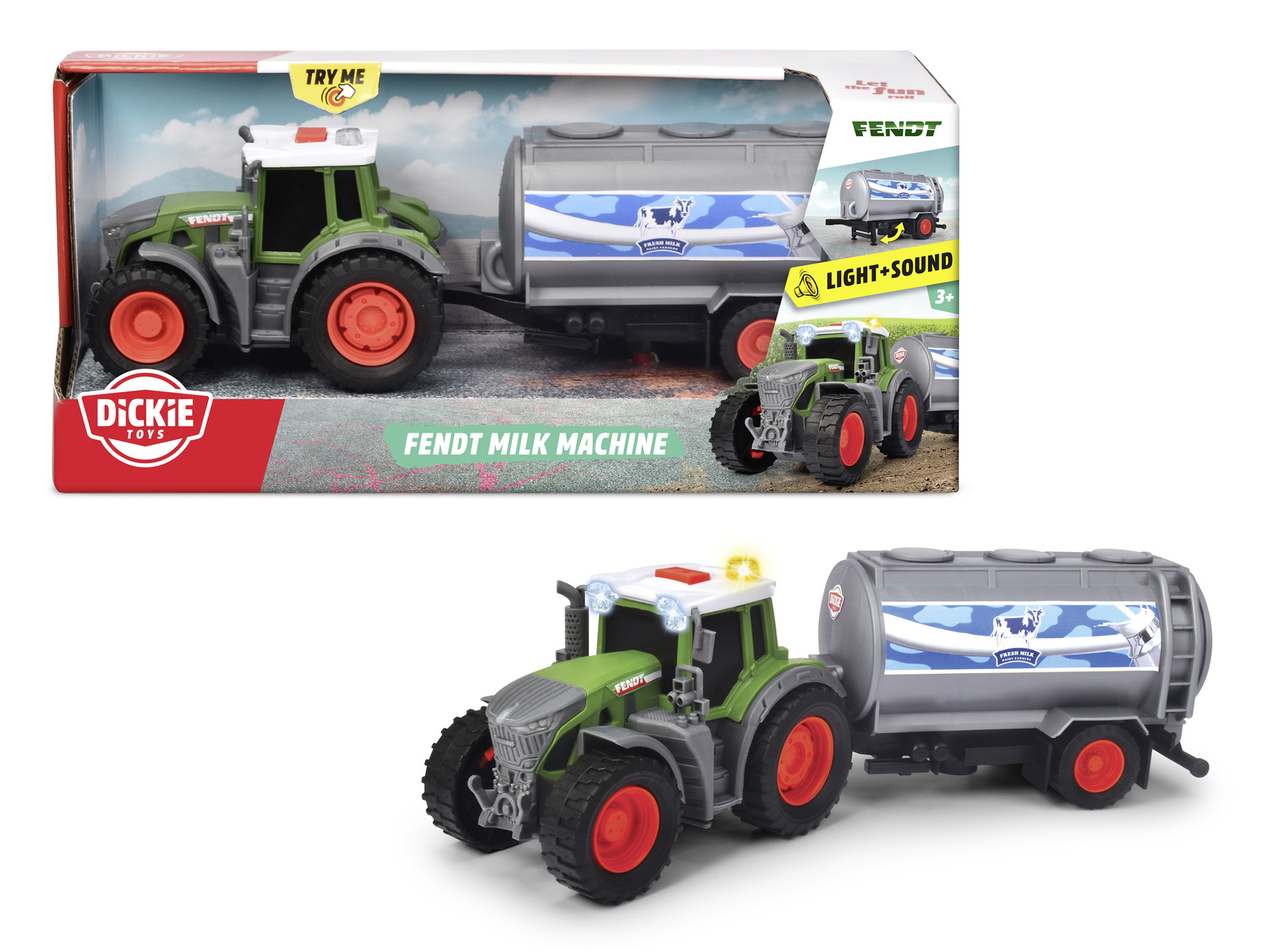Tracteur Fendt DICKIE avec remorque à lait et effet sonore 26cm