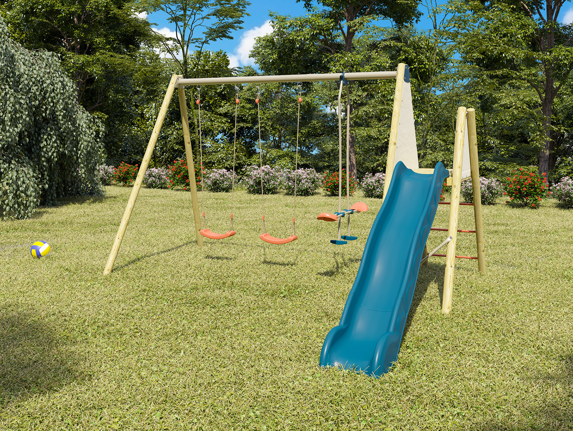 Portique bois/métal TRIGANO Romy 3 agrès + toboggan