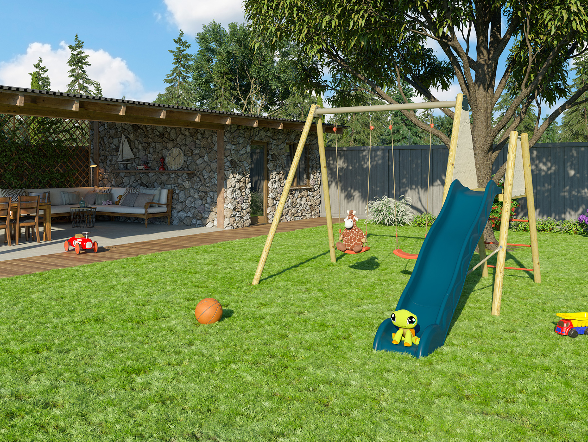 Portique bois/métal TRIGANO Billy 2 agrès + toboggan