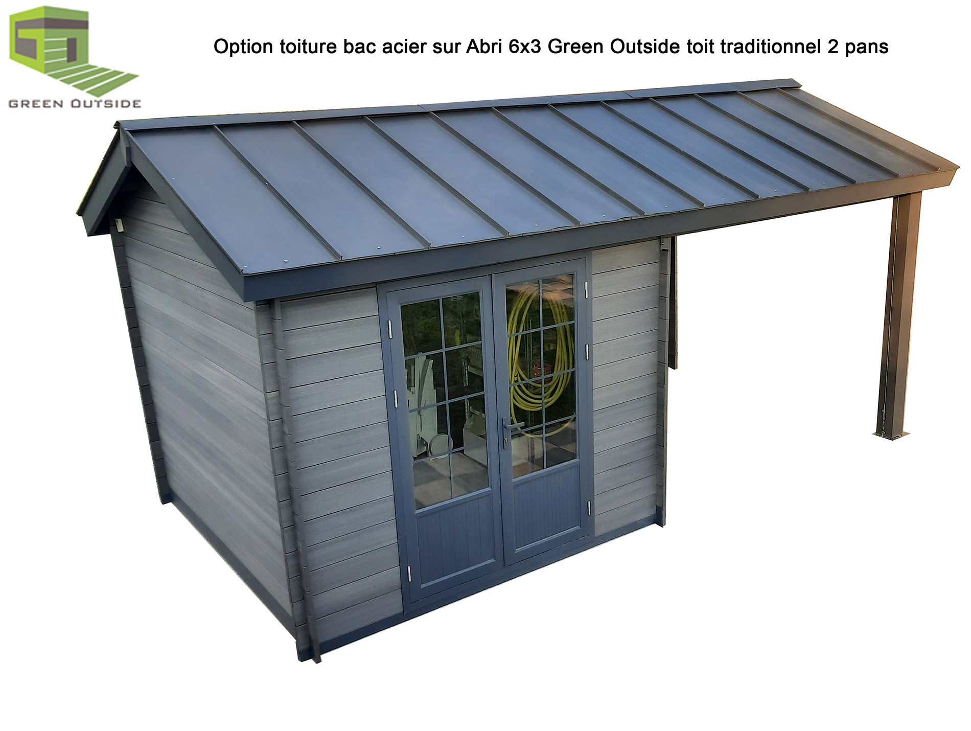Abri jardin composite GREEN OUTSIDE 18m² gris + auvent