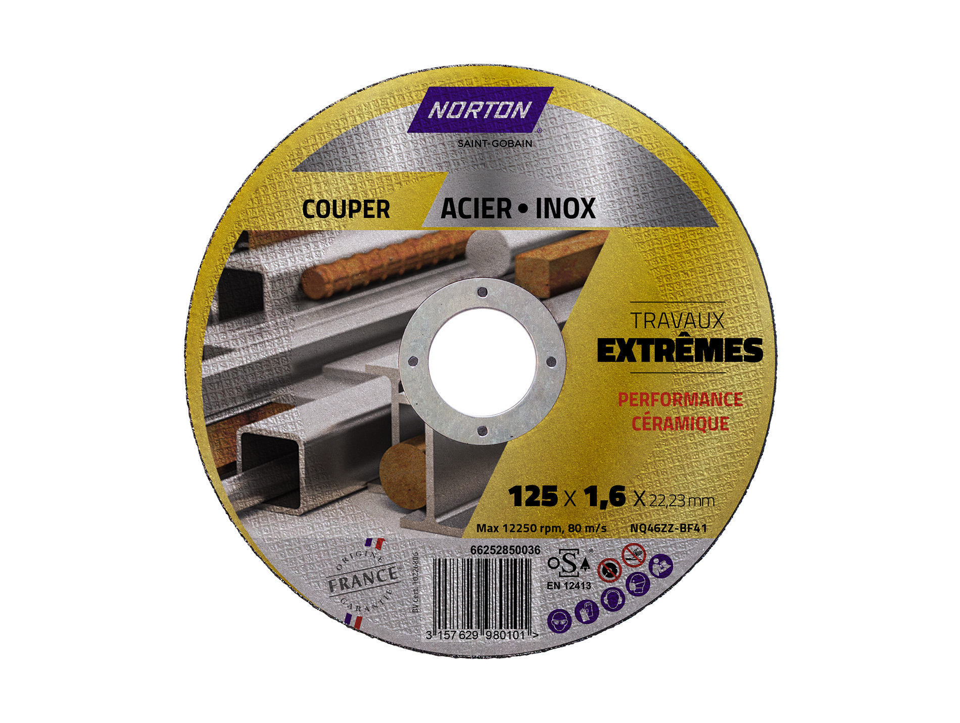 Disque à tronçonner NORTON plat extrême métal/inox Ø125mm