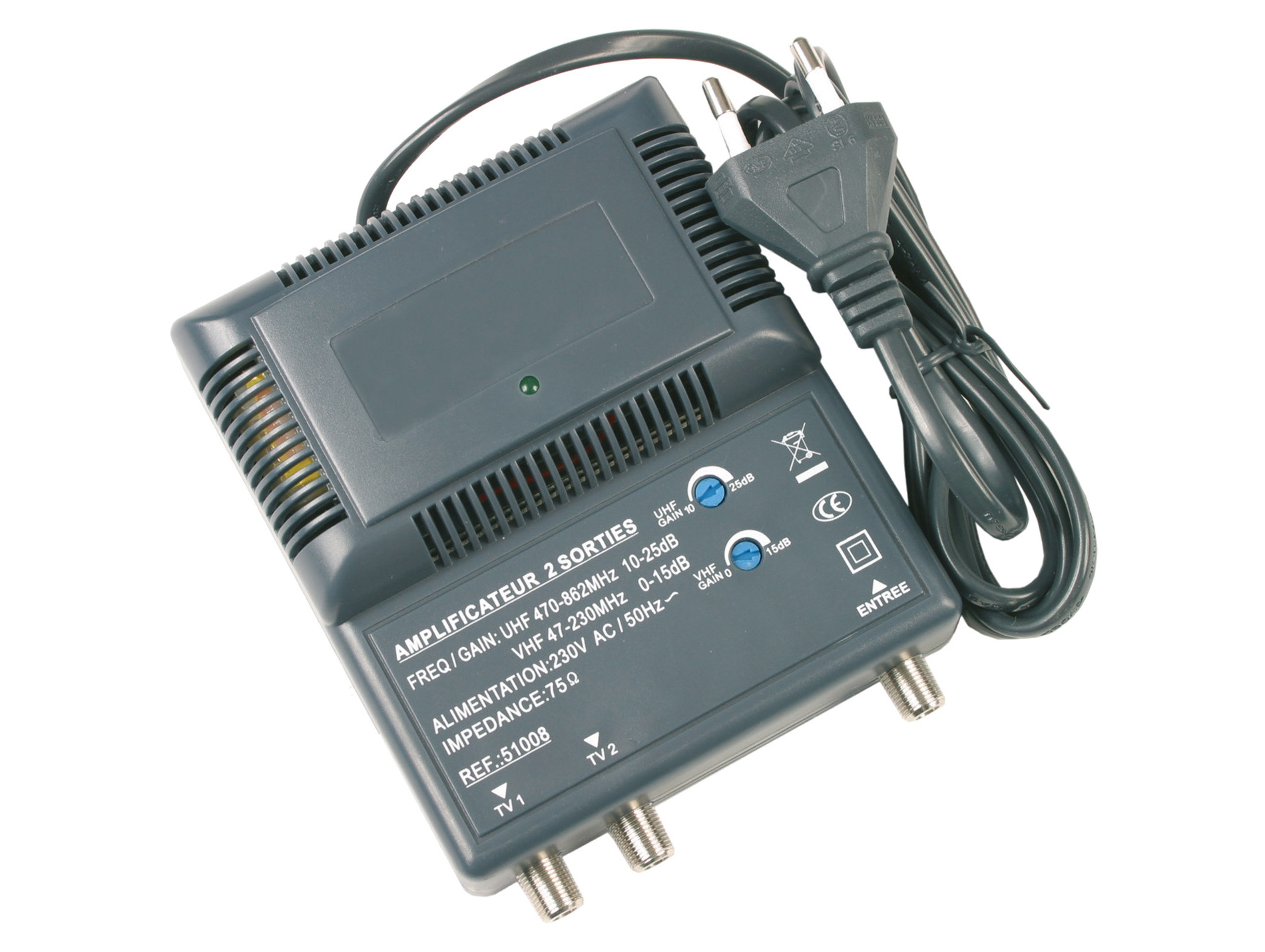 Amplificateur d'intérieur blindé UHF/VHF 2 sorties