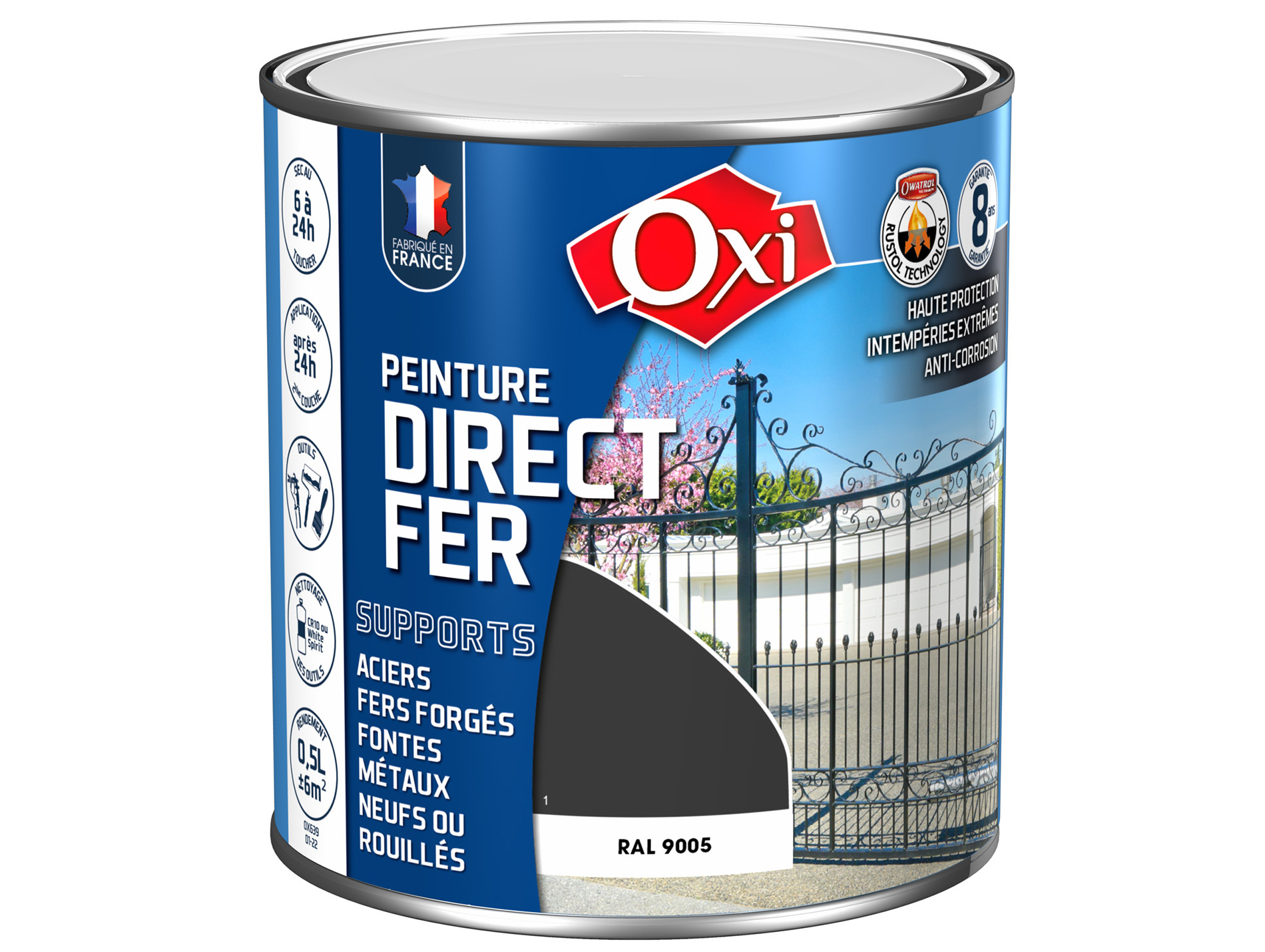 Peinture antirouille lisse OXYTOL Direct Fer noir brillant 500ml