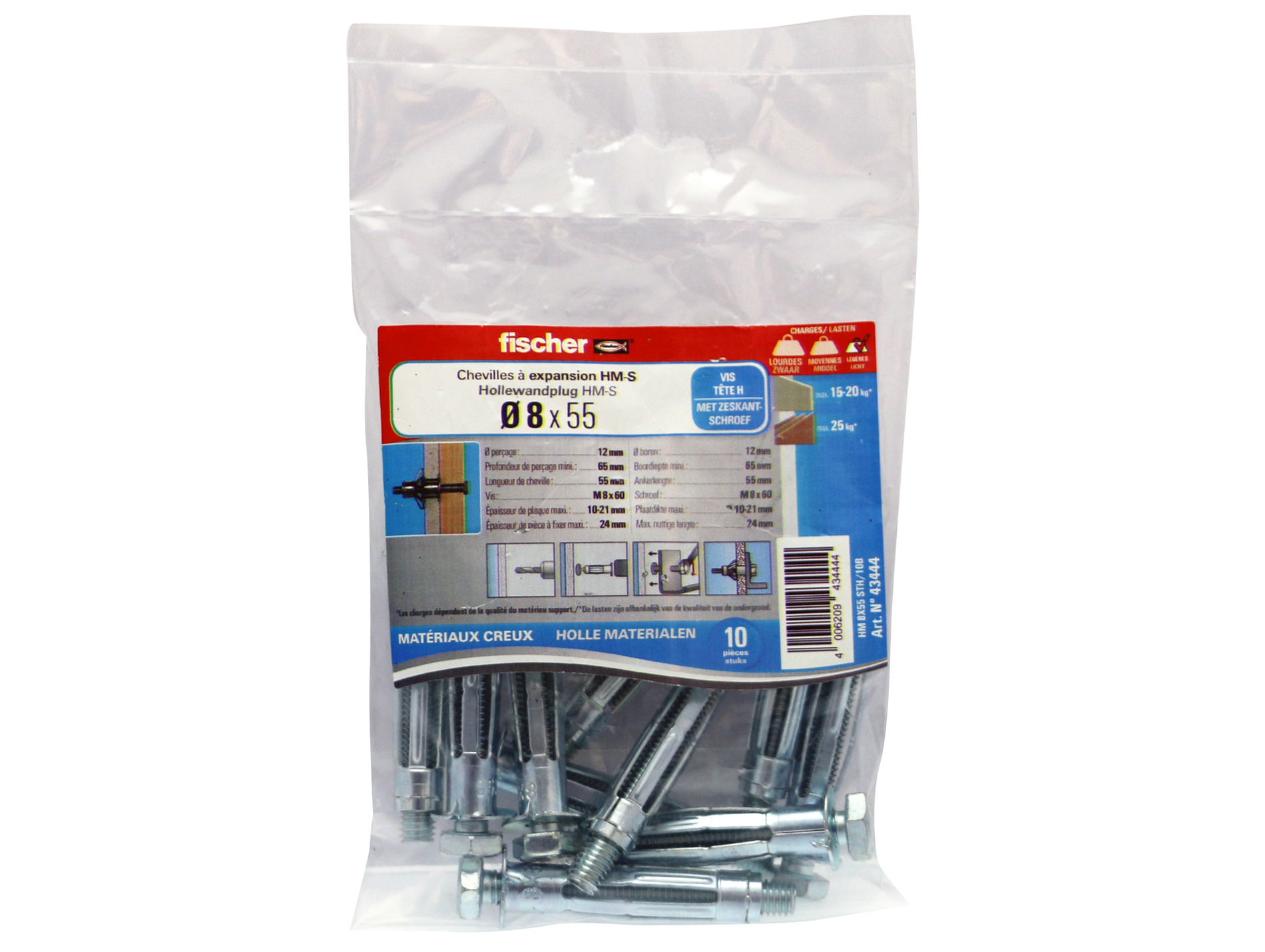 Chevilles pour cloison creuse HM-S Ø8 L55mm x10