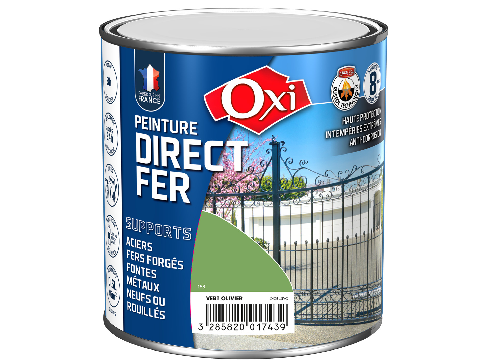 Peinture antirouille lisse OXYTOL Direct Fer vert olivier 500ml