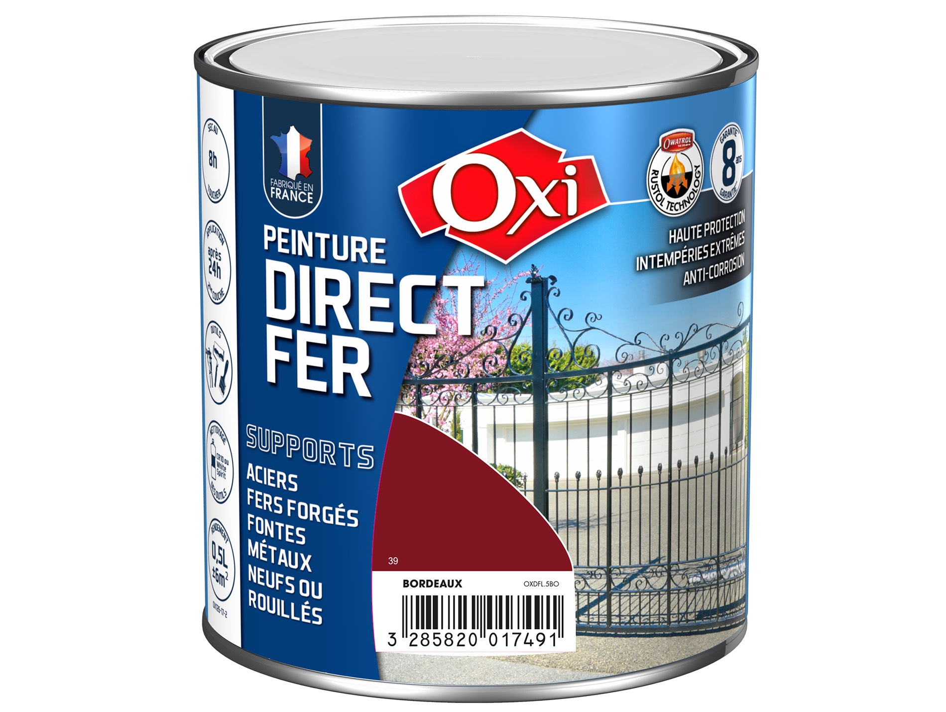 Peinture antirouille lisse OXYTOL Direct Fer bordeaux 500ml