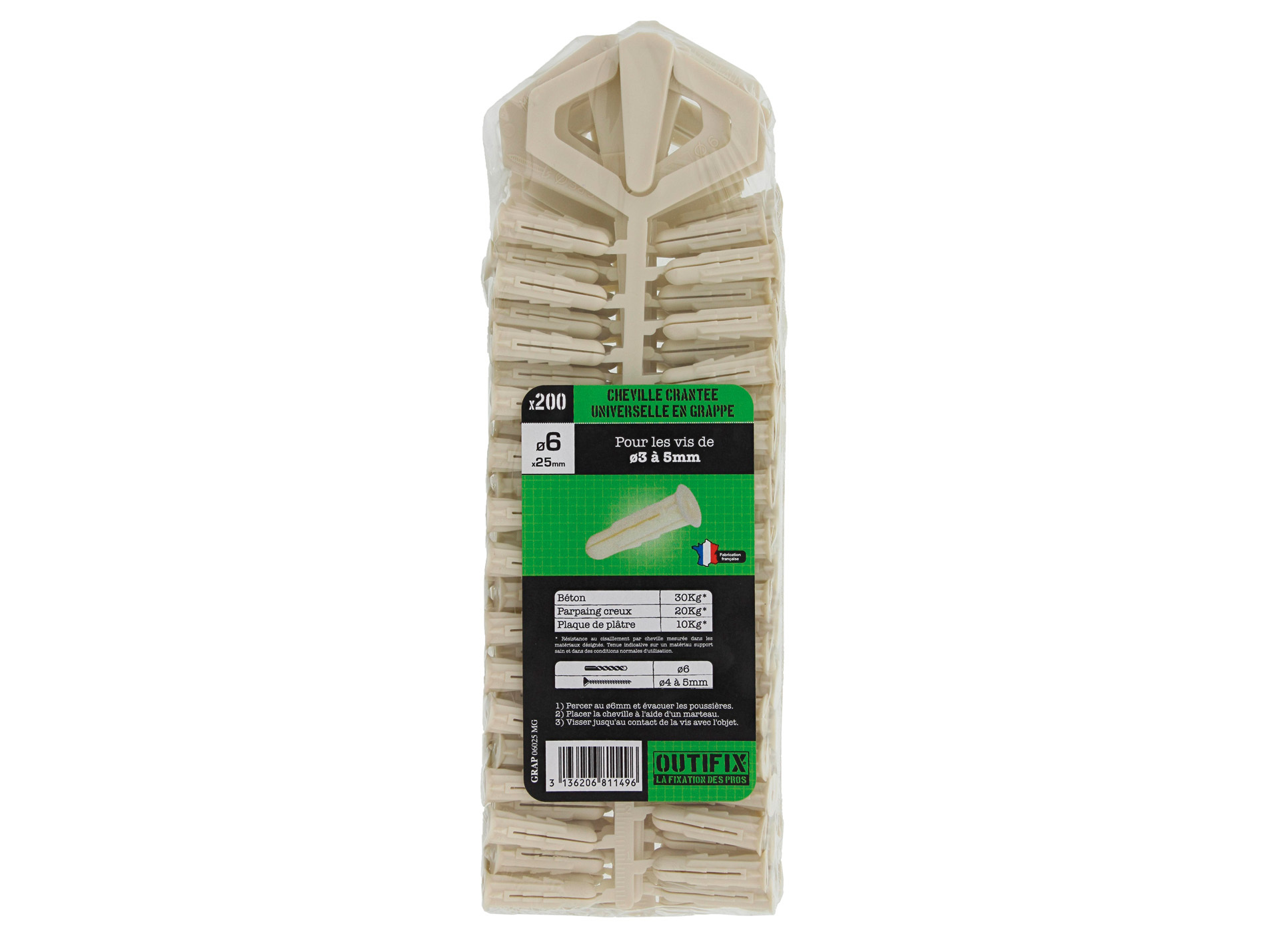 Chevilles crantées Ø6 L25mm x200