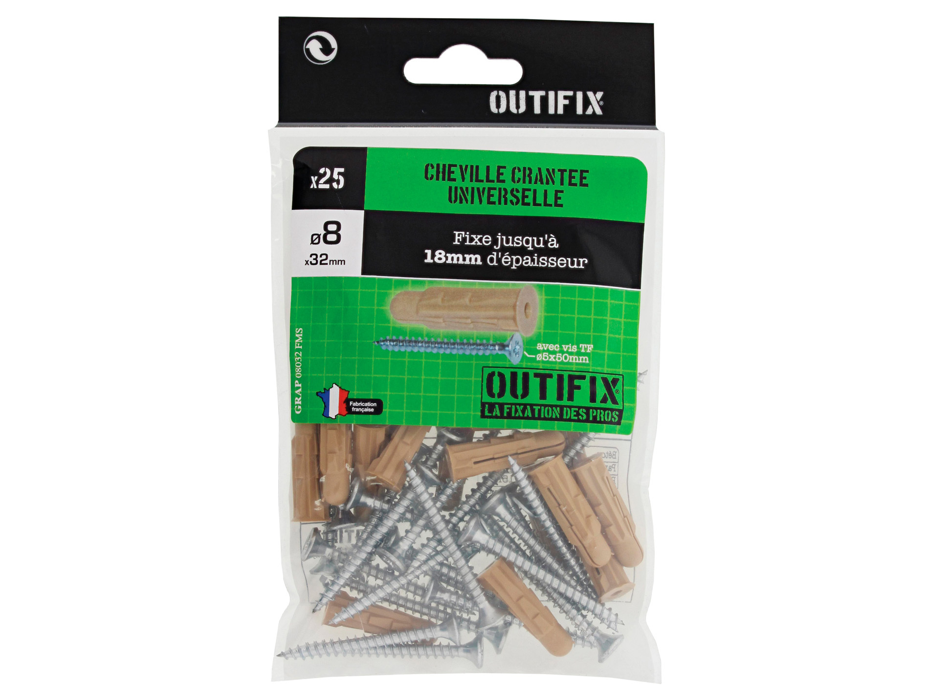 Chevilles crantées Ø8 L32mm x25 + vis