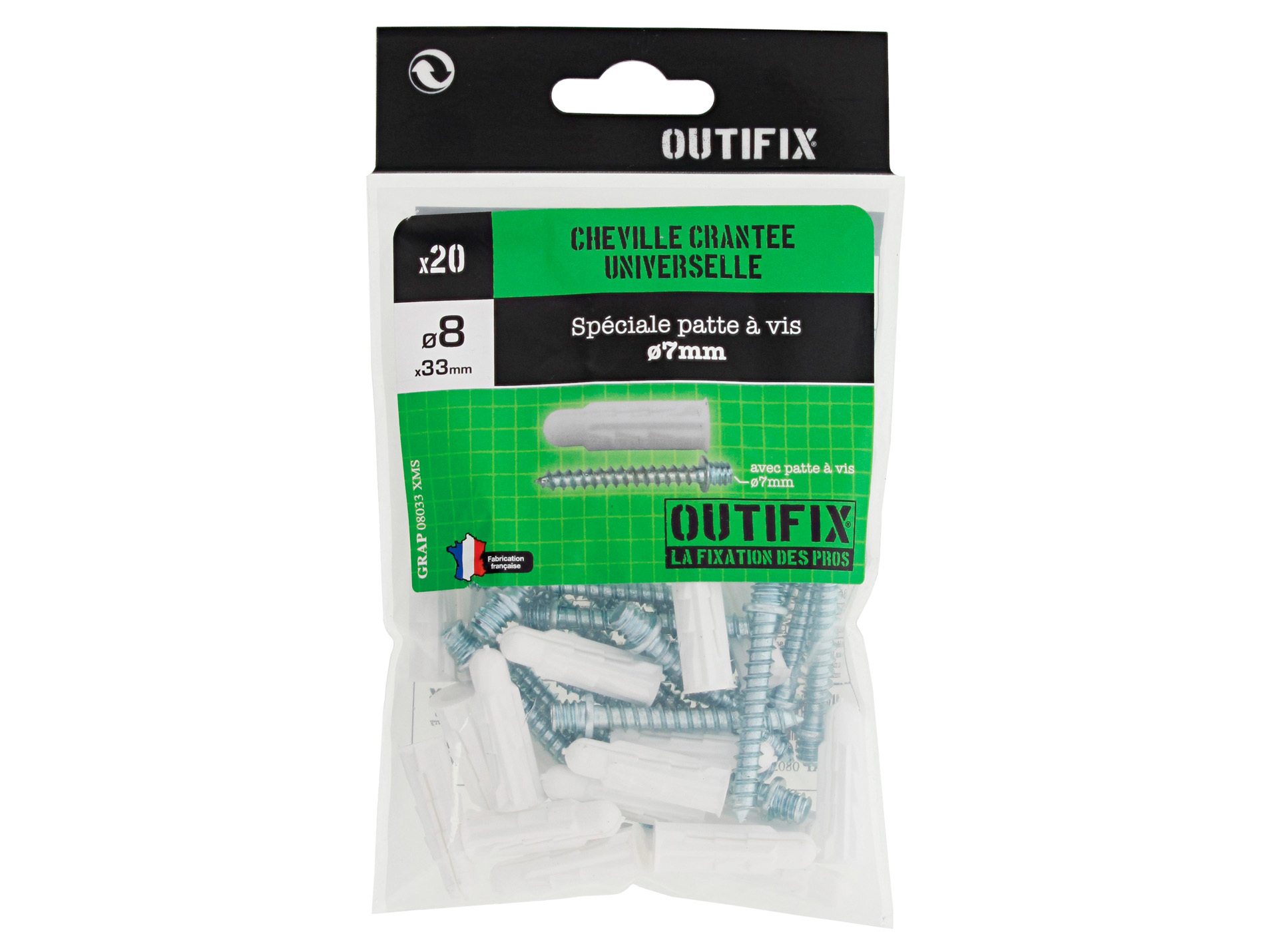 Chevilles crantées Ø8 L33mm x20 + pattes à vis