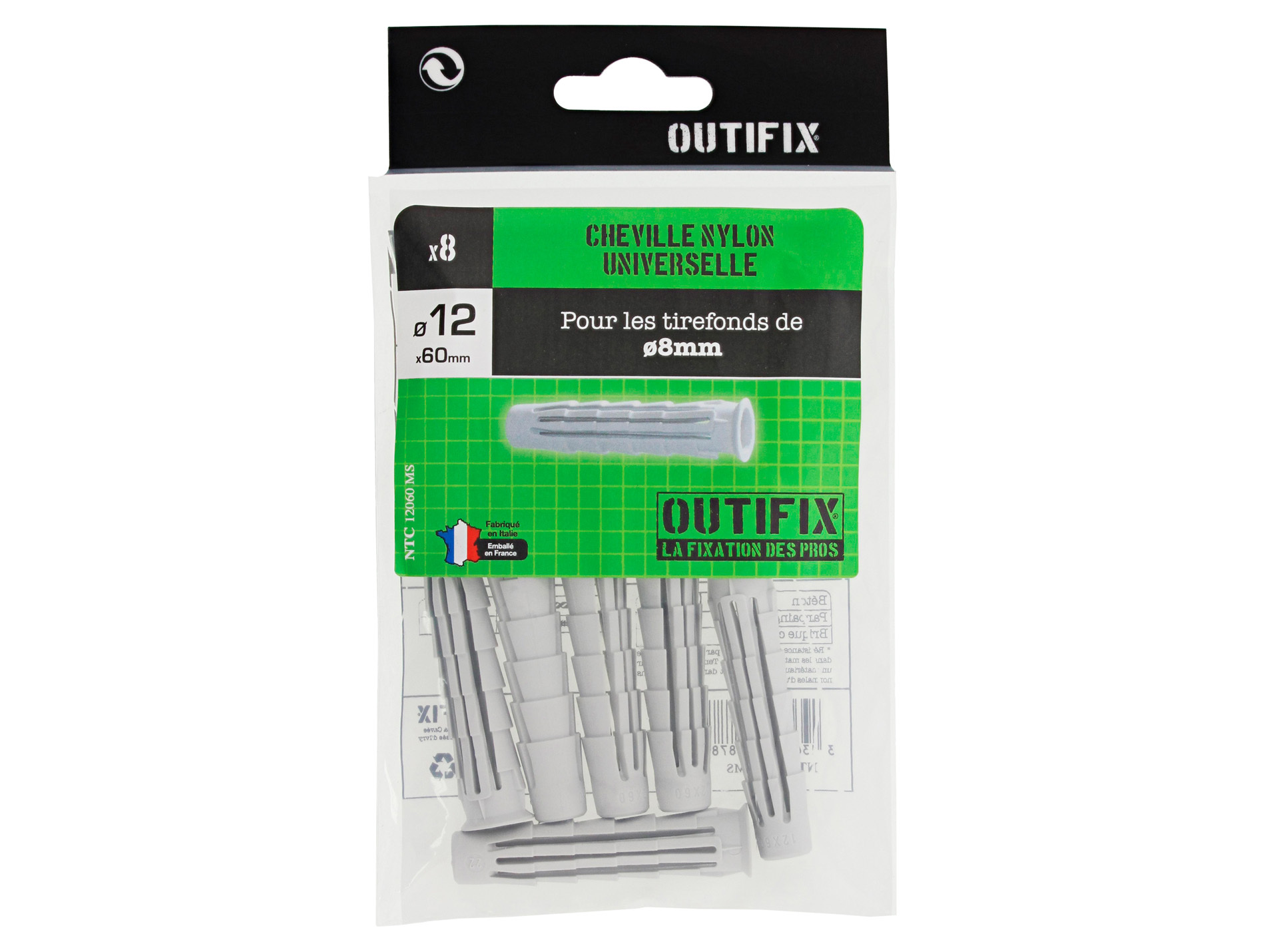 Chevilles nylon Ø12 L60mm x8