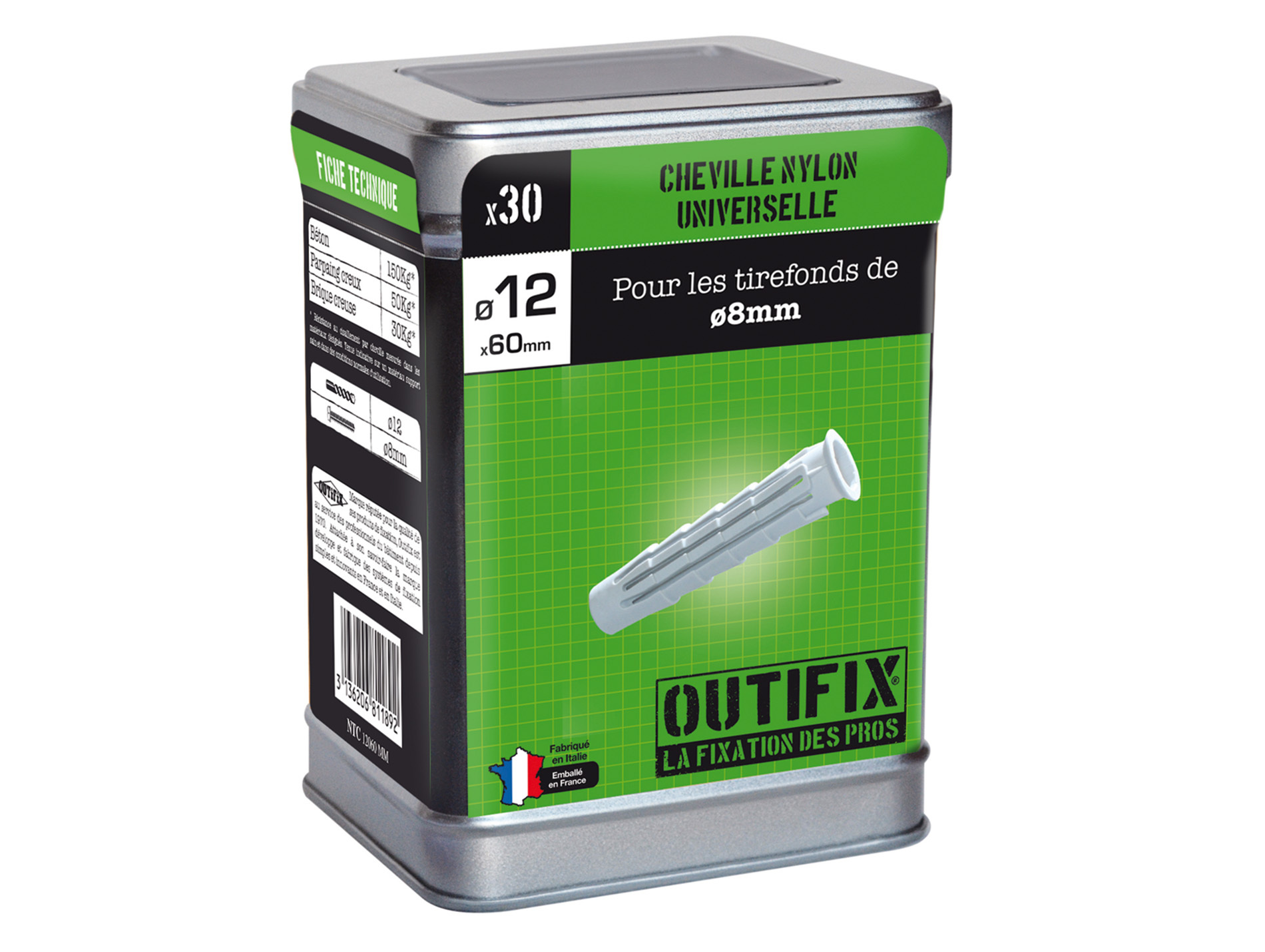 Chevilles nylon Ø12 L60mm x80 + vis