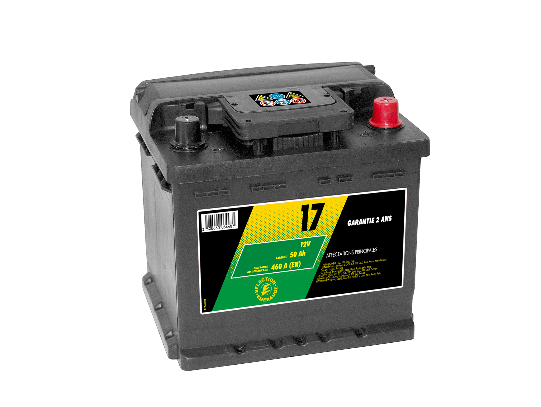 Batterie 12V N°17 Sélection Emeraude 50Ah 460A +D