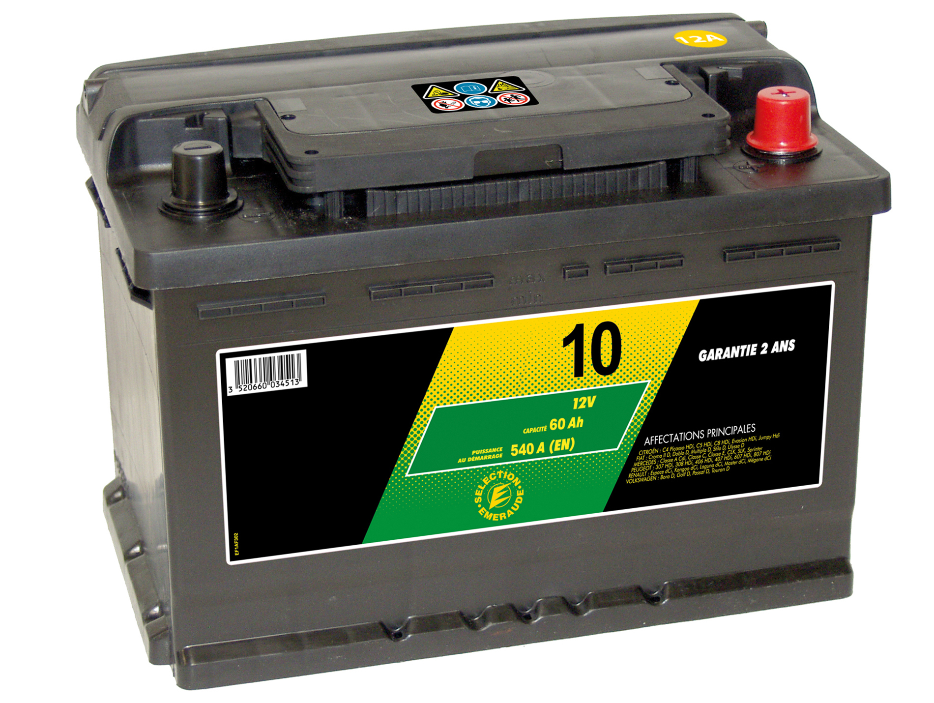 Batterie 12V N°10 Sélection Emeraude 62Ah 540A +D