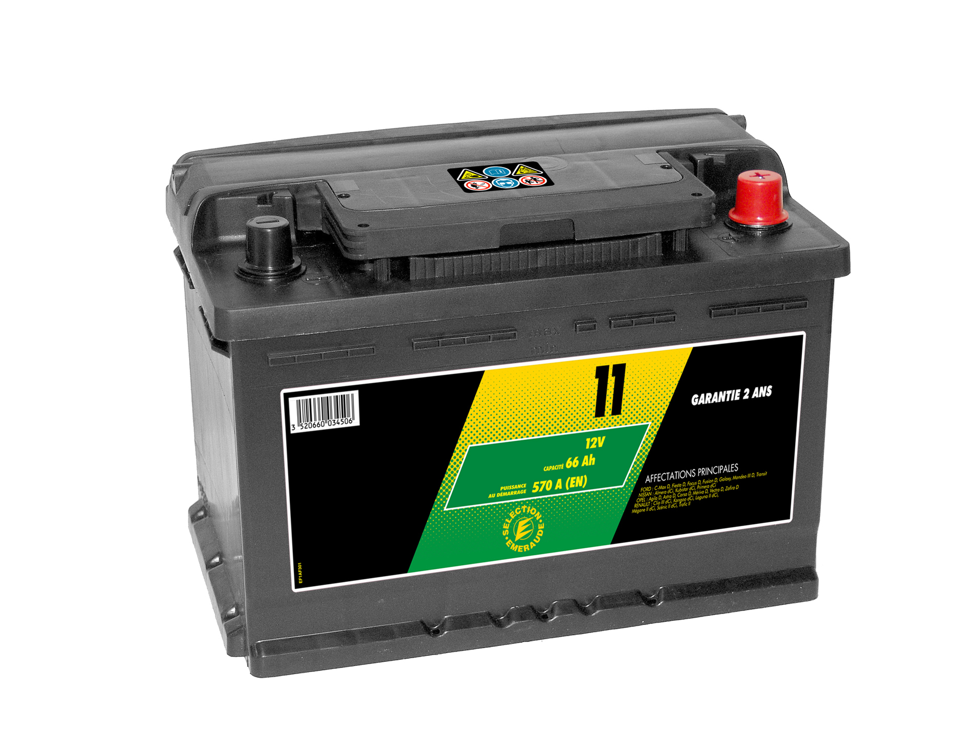 Batterie 12V N°11 Sélection Emeraude 66Ah 570A +D
