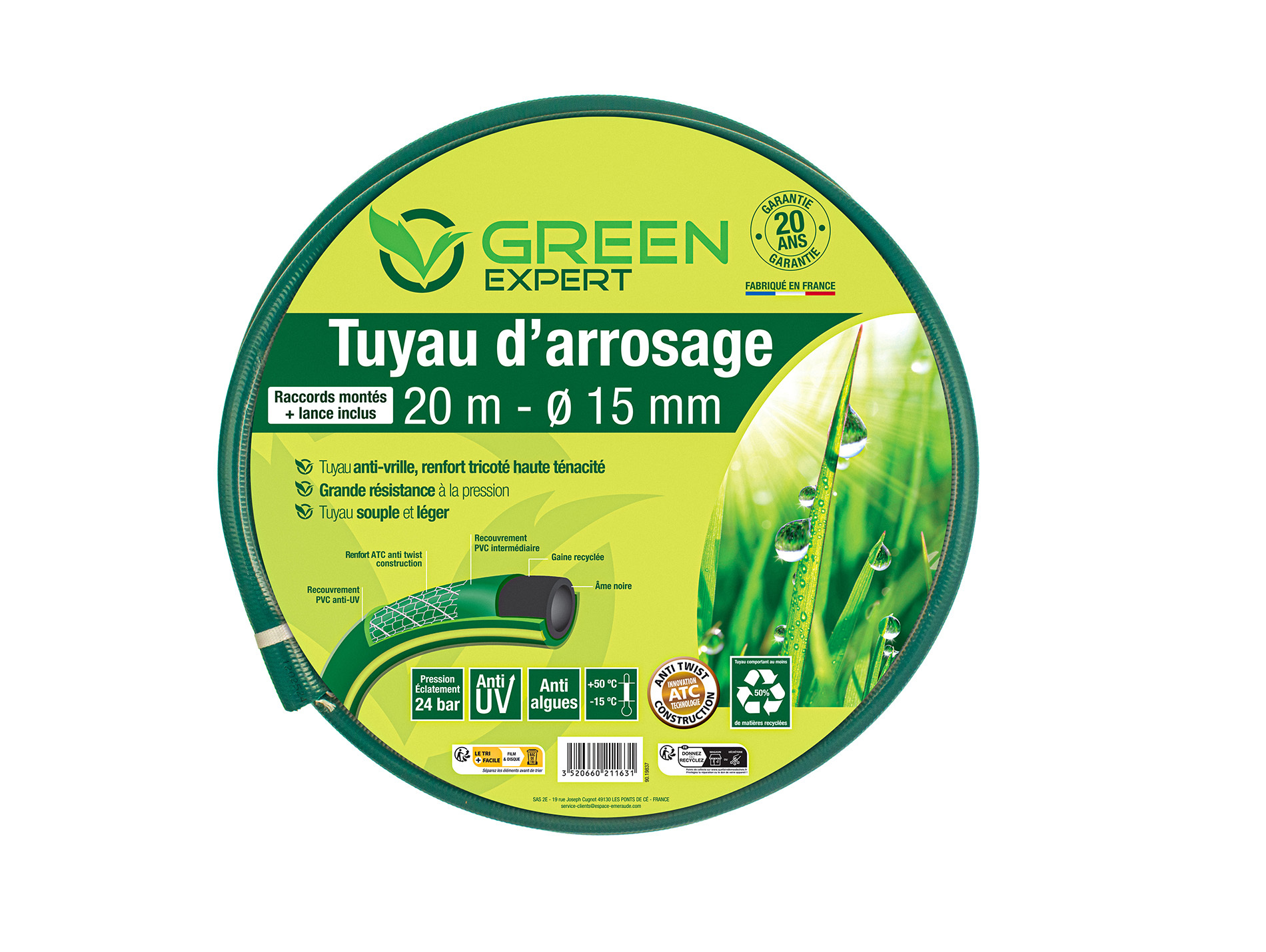 Batterie de tuyau d'arrosage GREEN EXPERT Ø15mm 20m