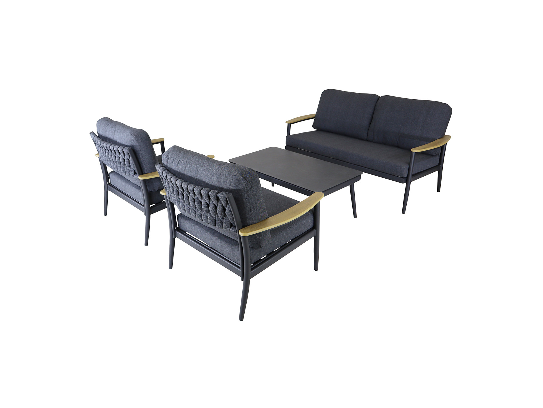 Salon de jardin bas aluminium corde avec coussins graphite