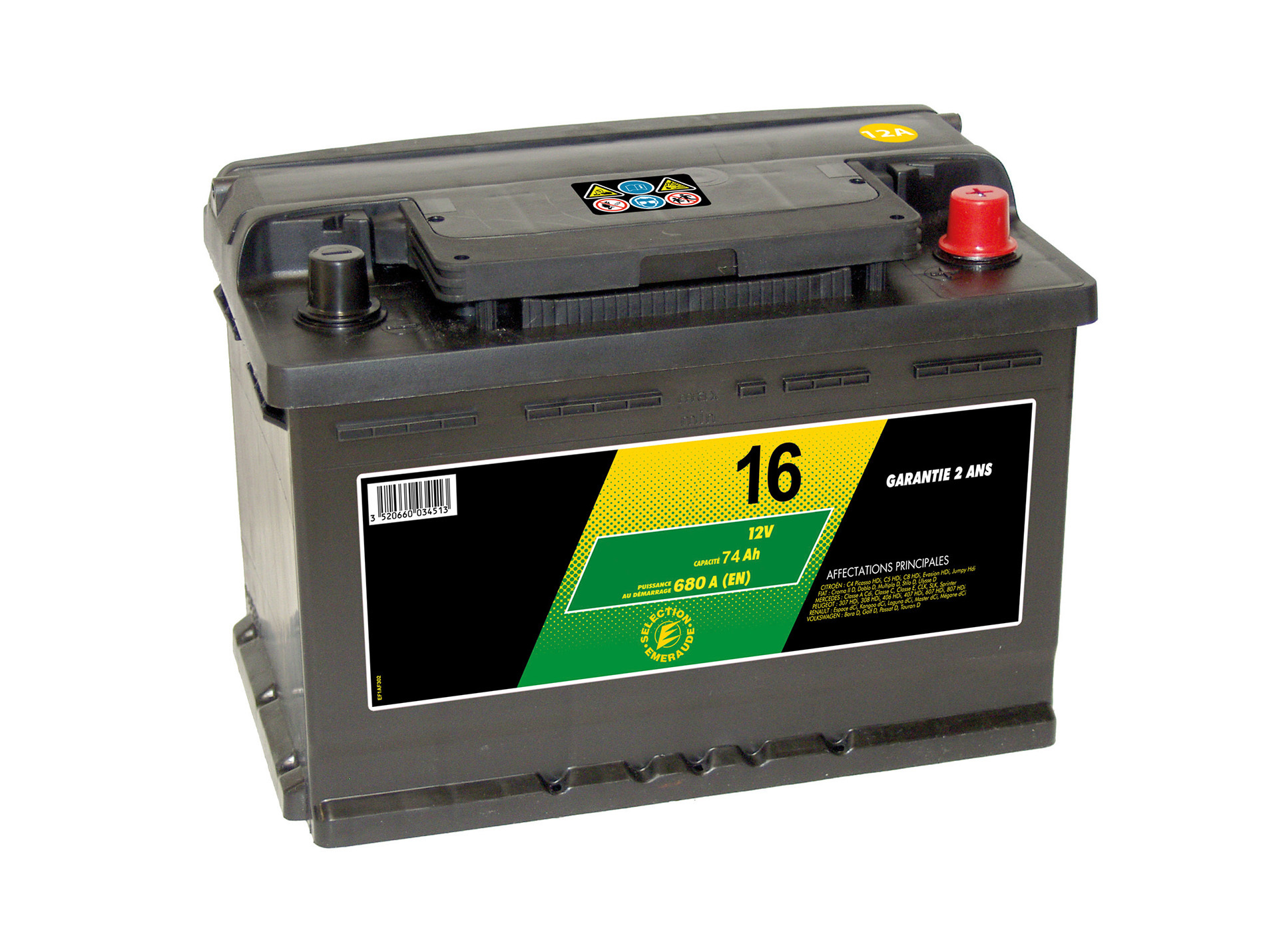Batterie 12V N°16 S&eacute - lection Emeraude 74Ah 680A +D