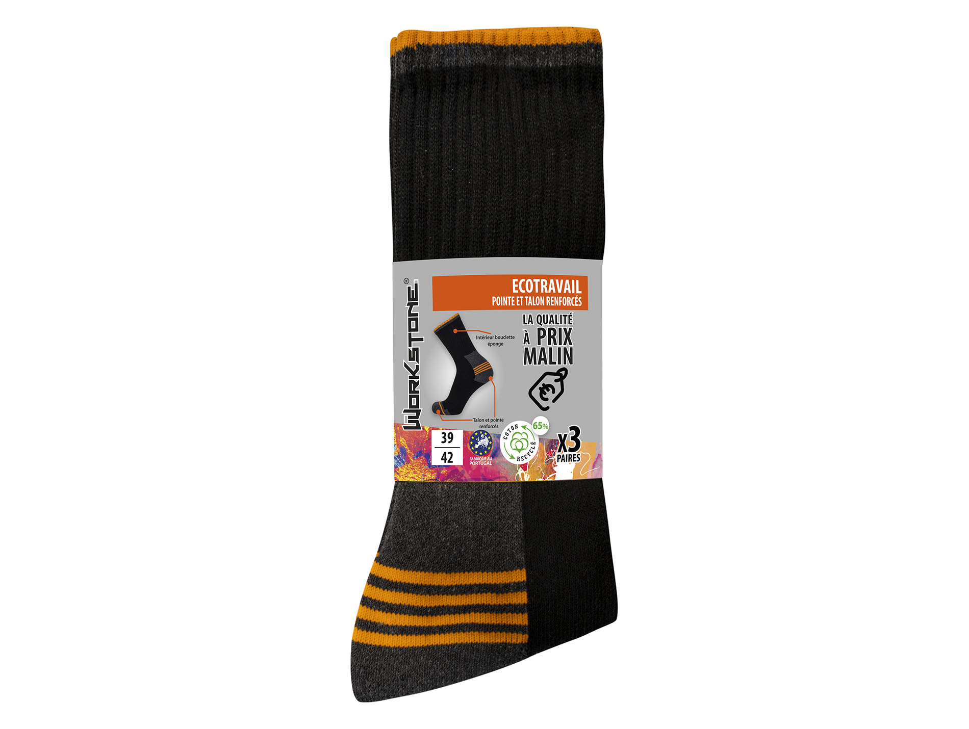 Chaussettes WORKSTONE Ecotravail coton recyclé lot de 3
