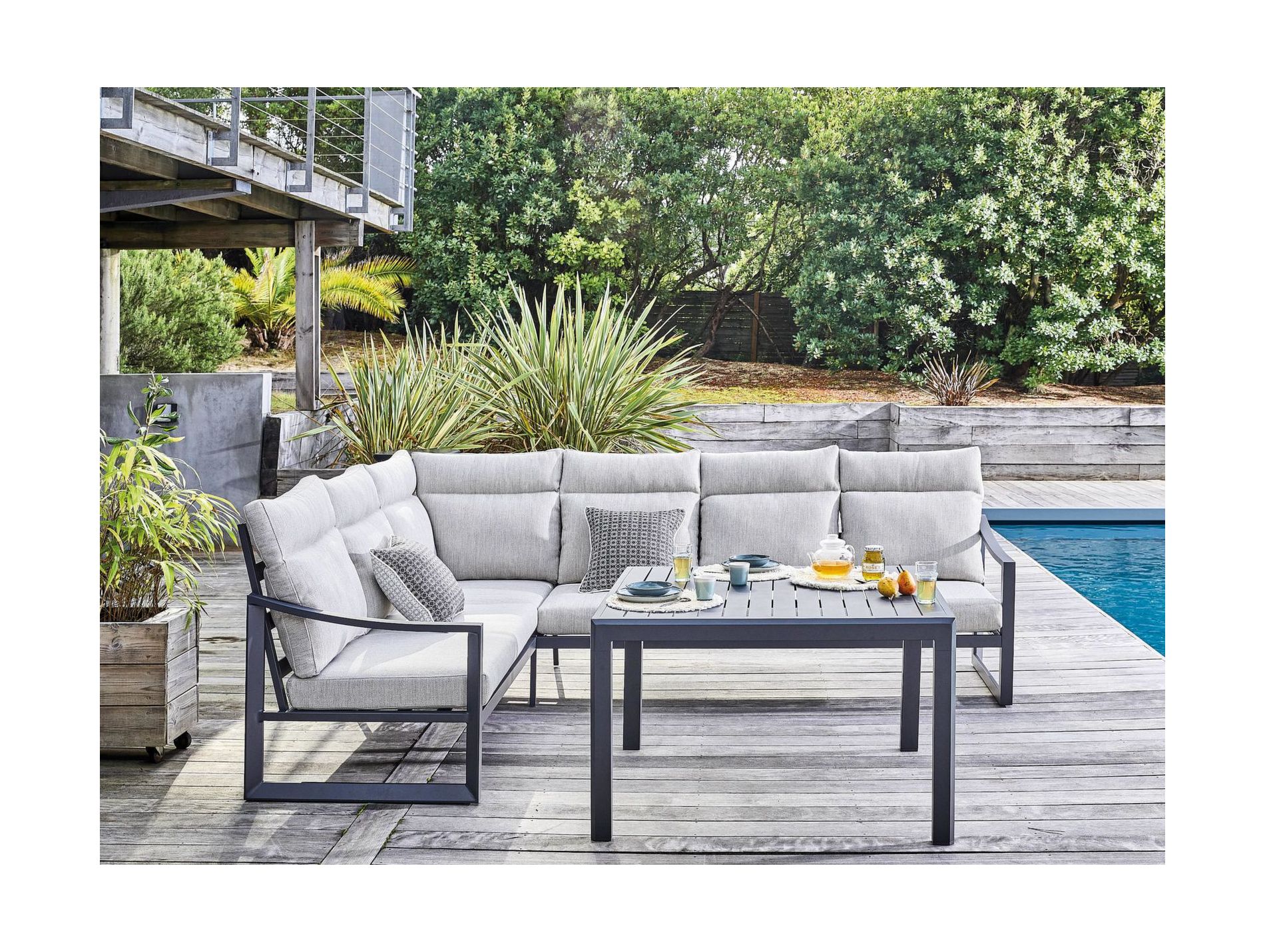 Canapé d'angle de jardin aluminium avec coussins Prado