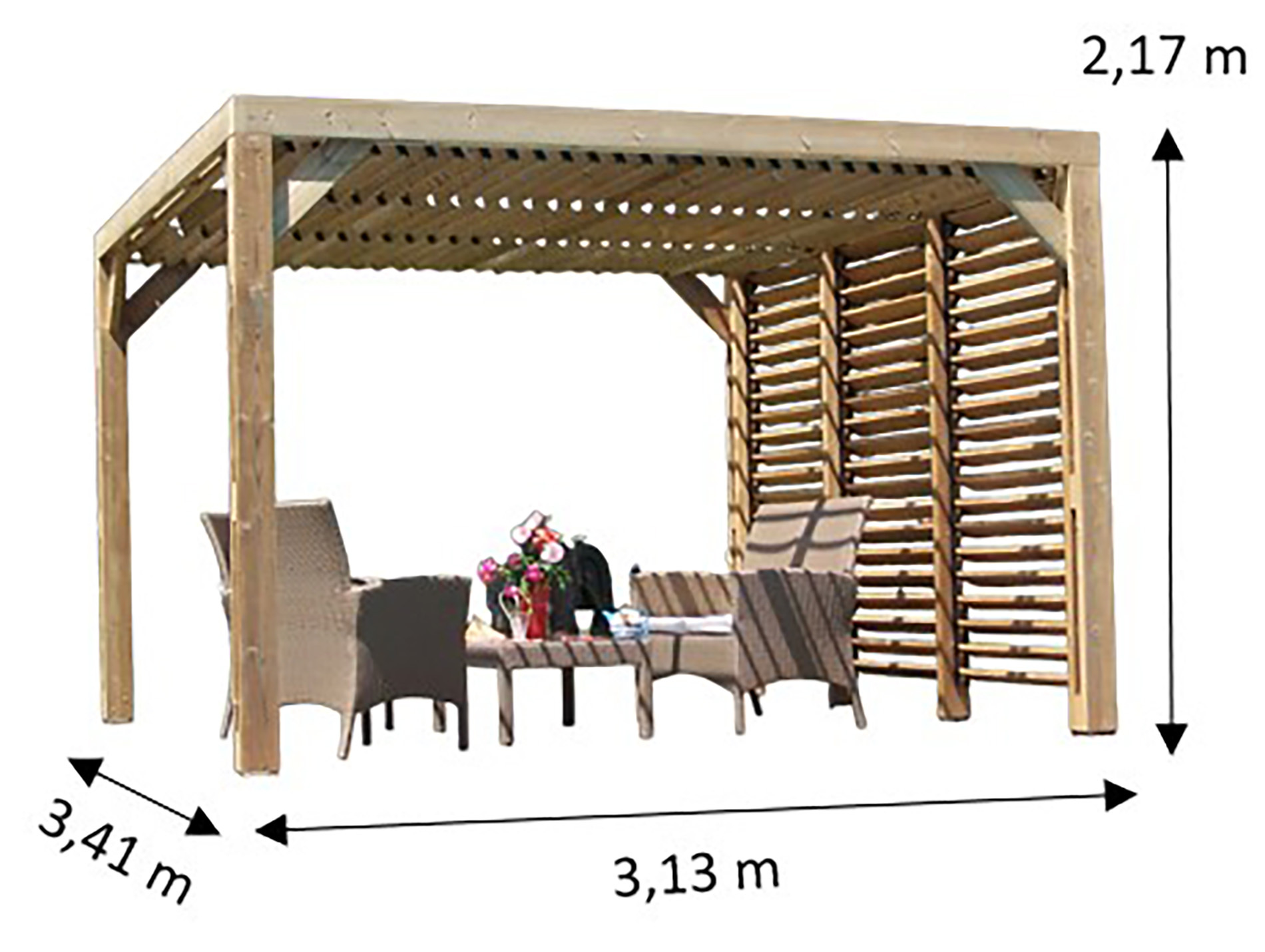 Pergola bois L.341xl.313 h.217cm avec ventelles mobiles