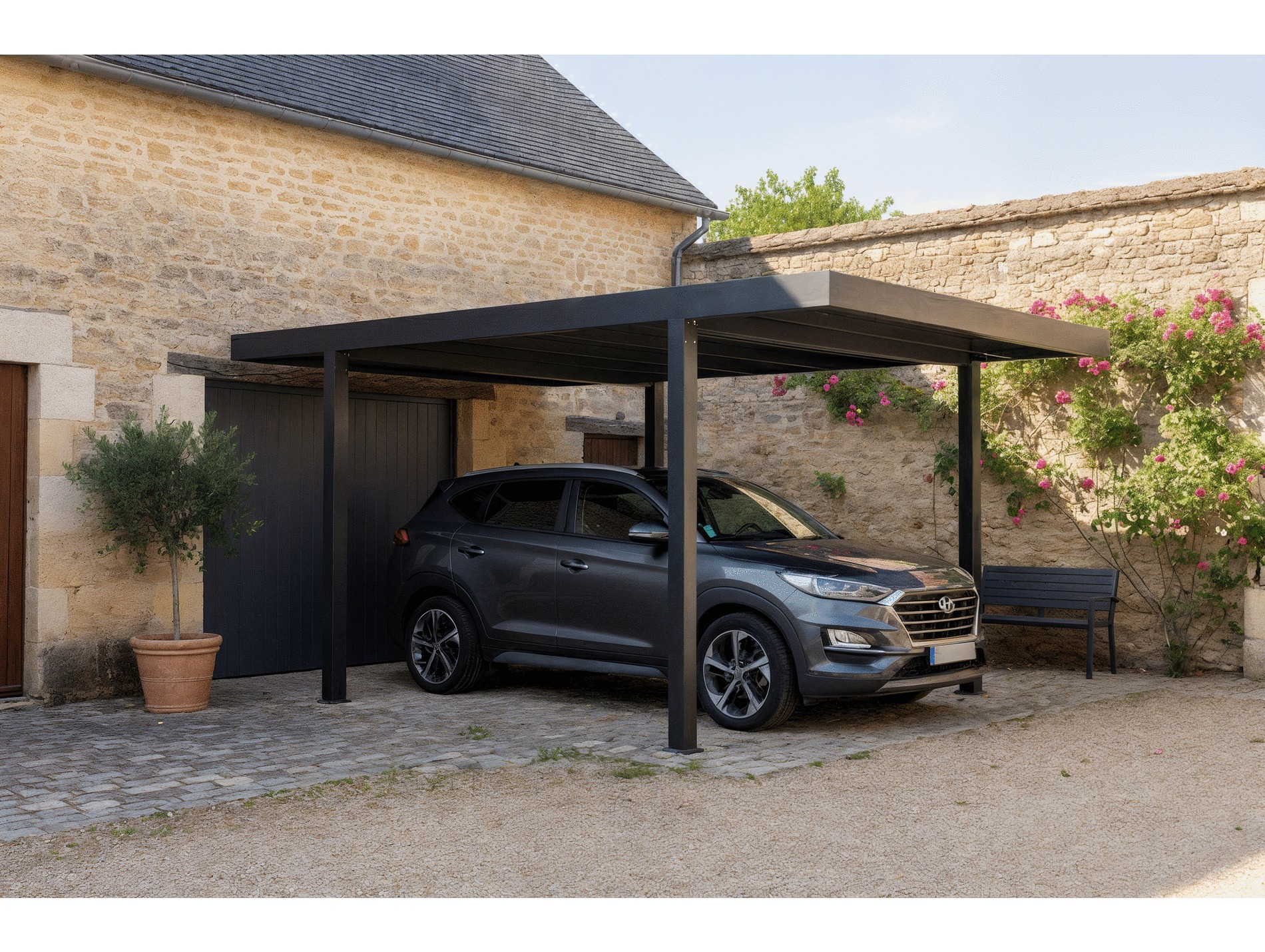 Carport autoportée alu GREEN OUTSIDE 5,15x3m noir LED
