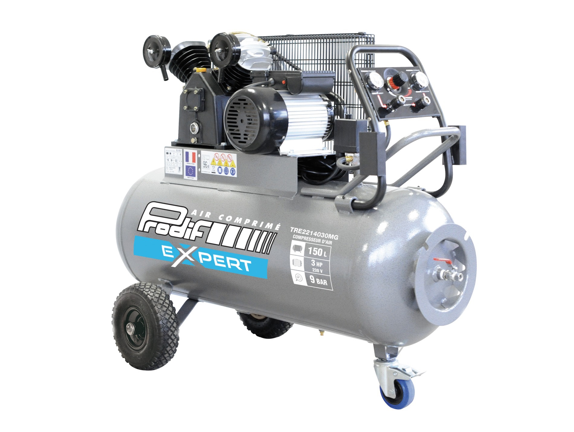 Compresseur à courroie bi-cylindre monophasé 150L 3 cv