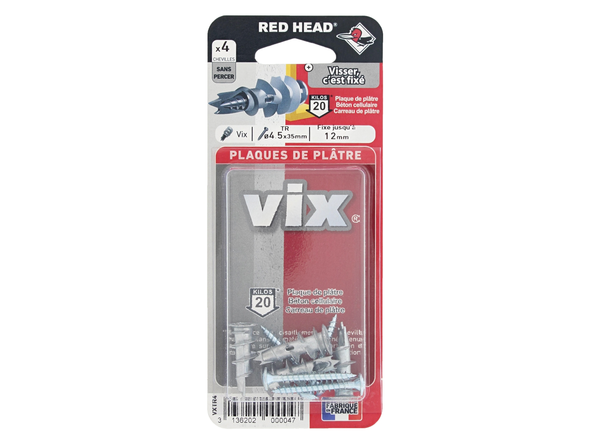 Chevilles autoforeuse avec vis RED HEAD Ø4,5mm L.35mm x4