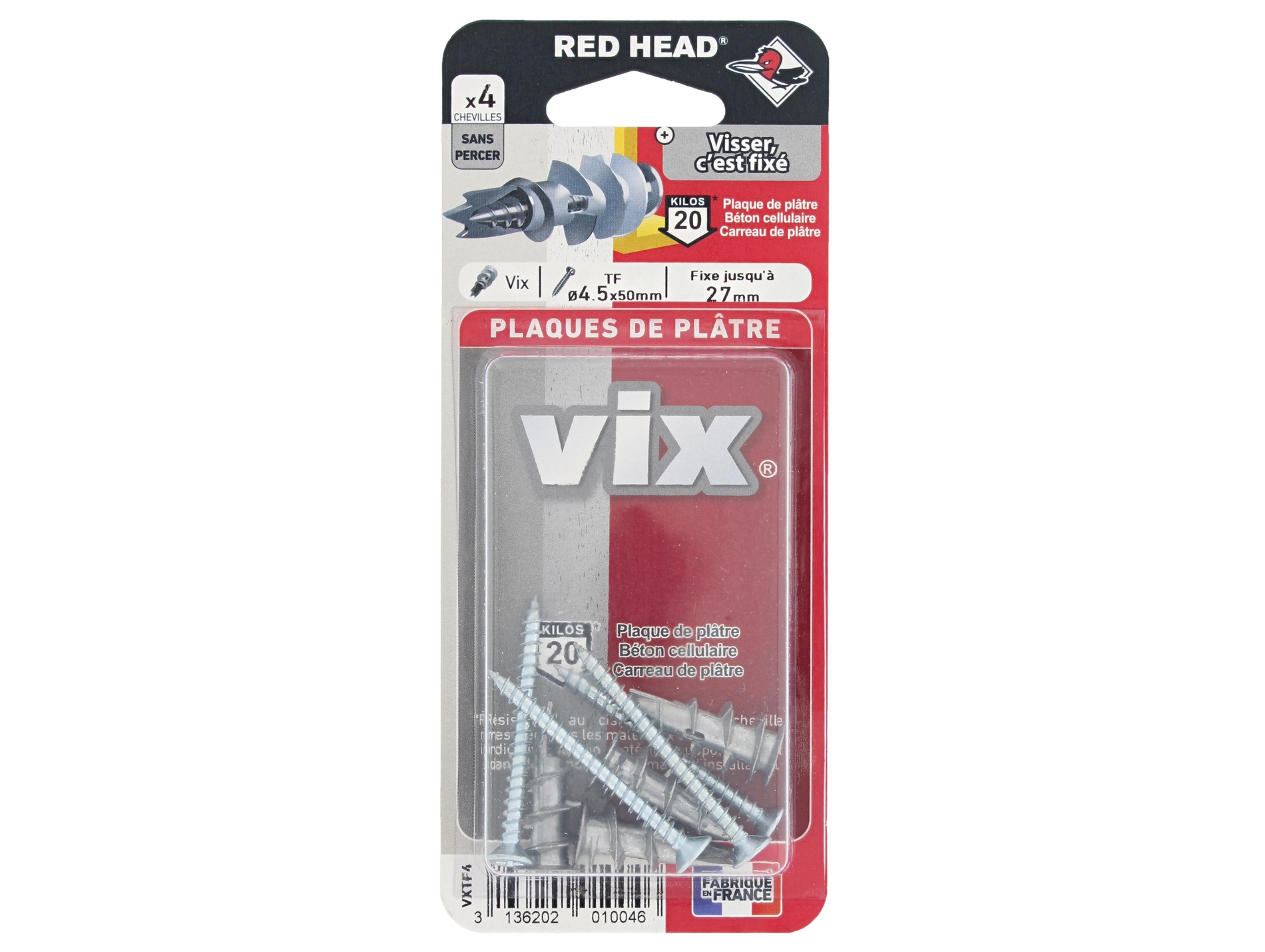 Chevilles autoforeuse avec vis RED HEAD Ø4,5mm L.50mm x4