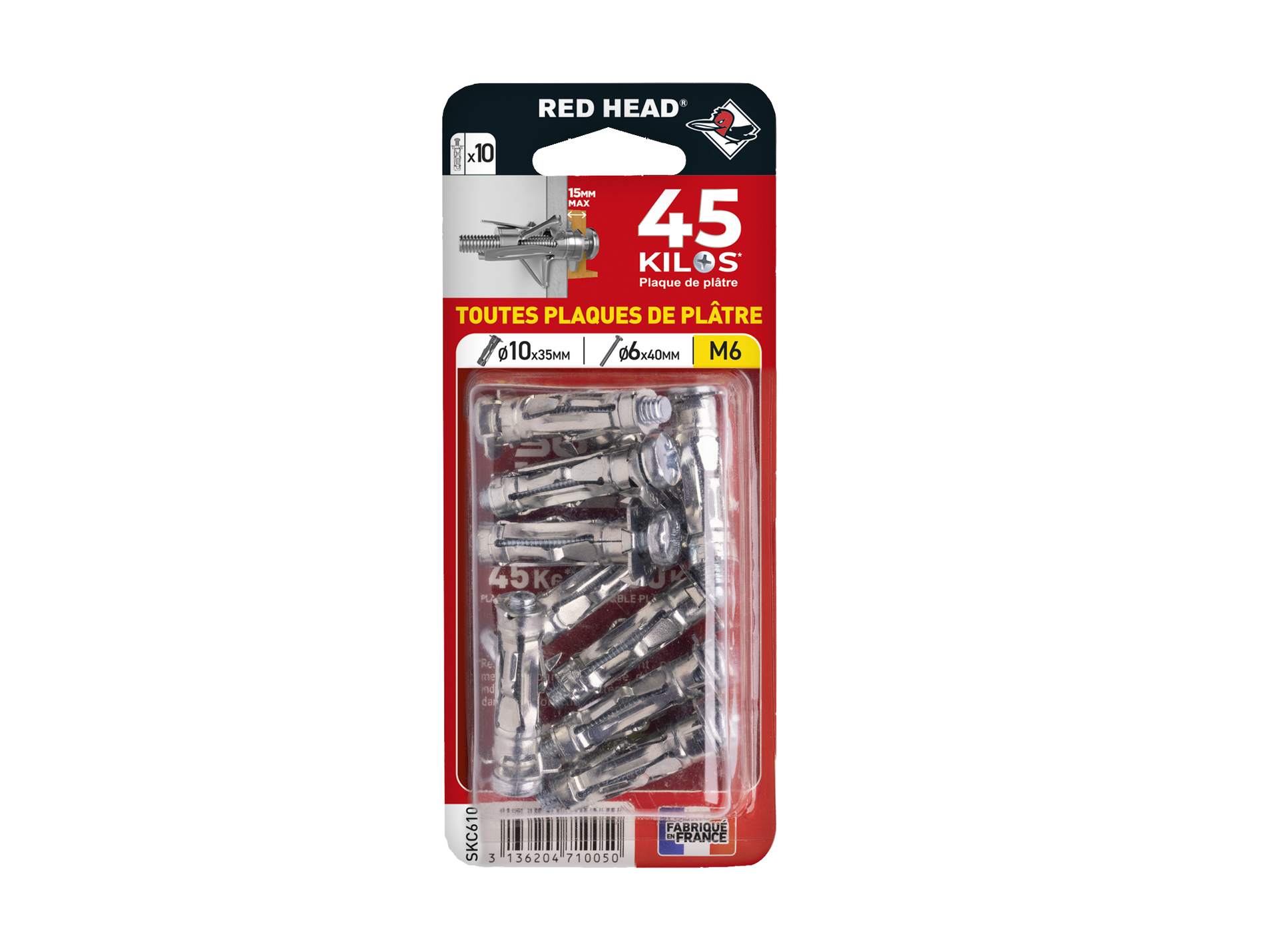 Chevilles à expansion avec vis TR Ø6mm RED HEAD Ø10mm L.35mm x10