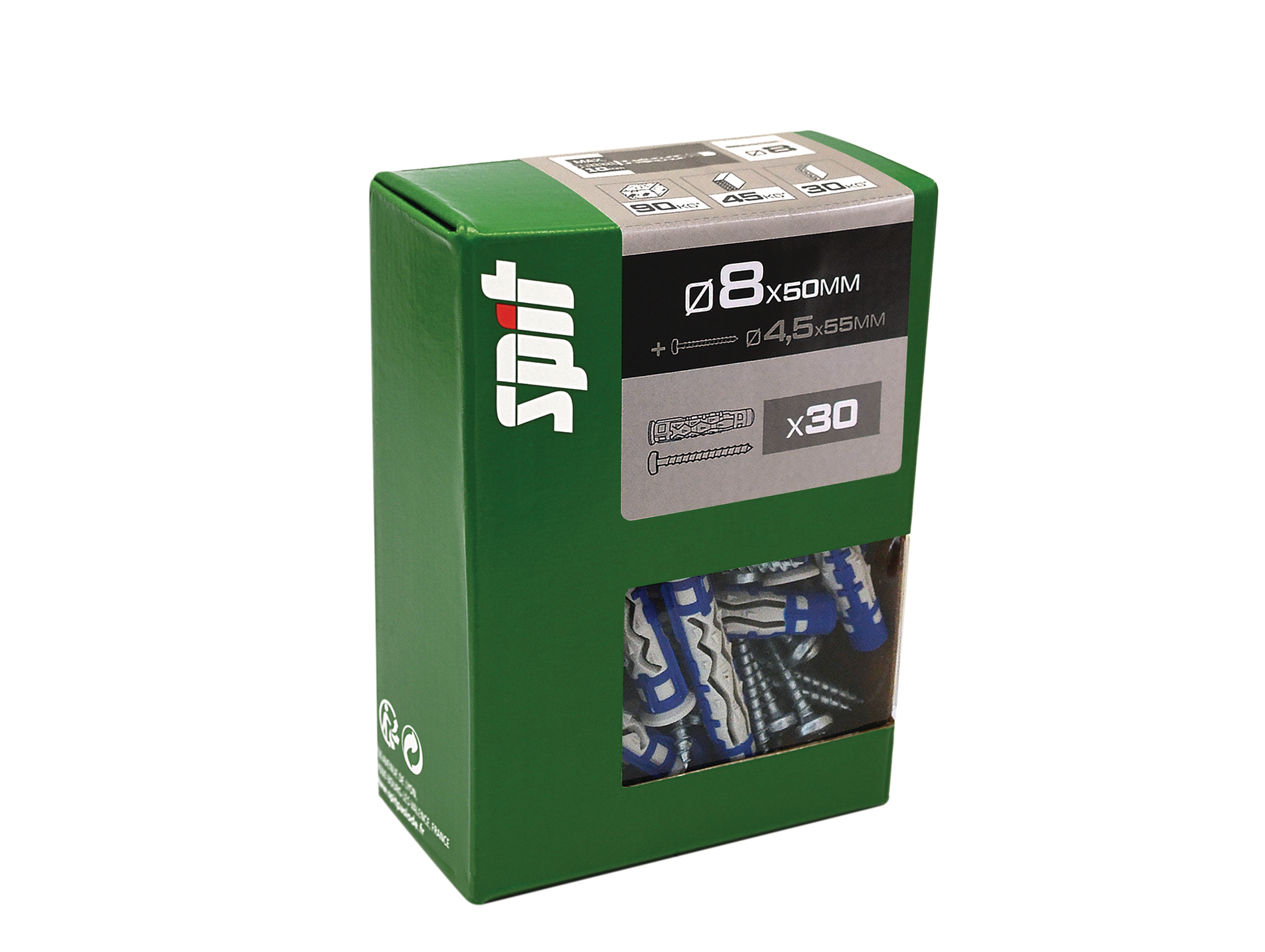 Cheville bi-matière SPIT MX 8x50mm avec vis TR 4-5x55mm x30