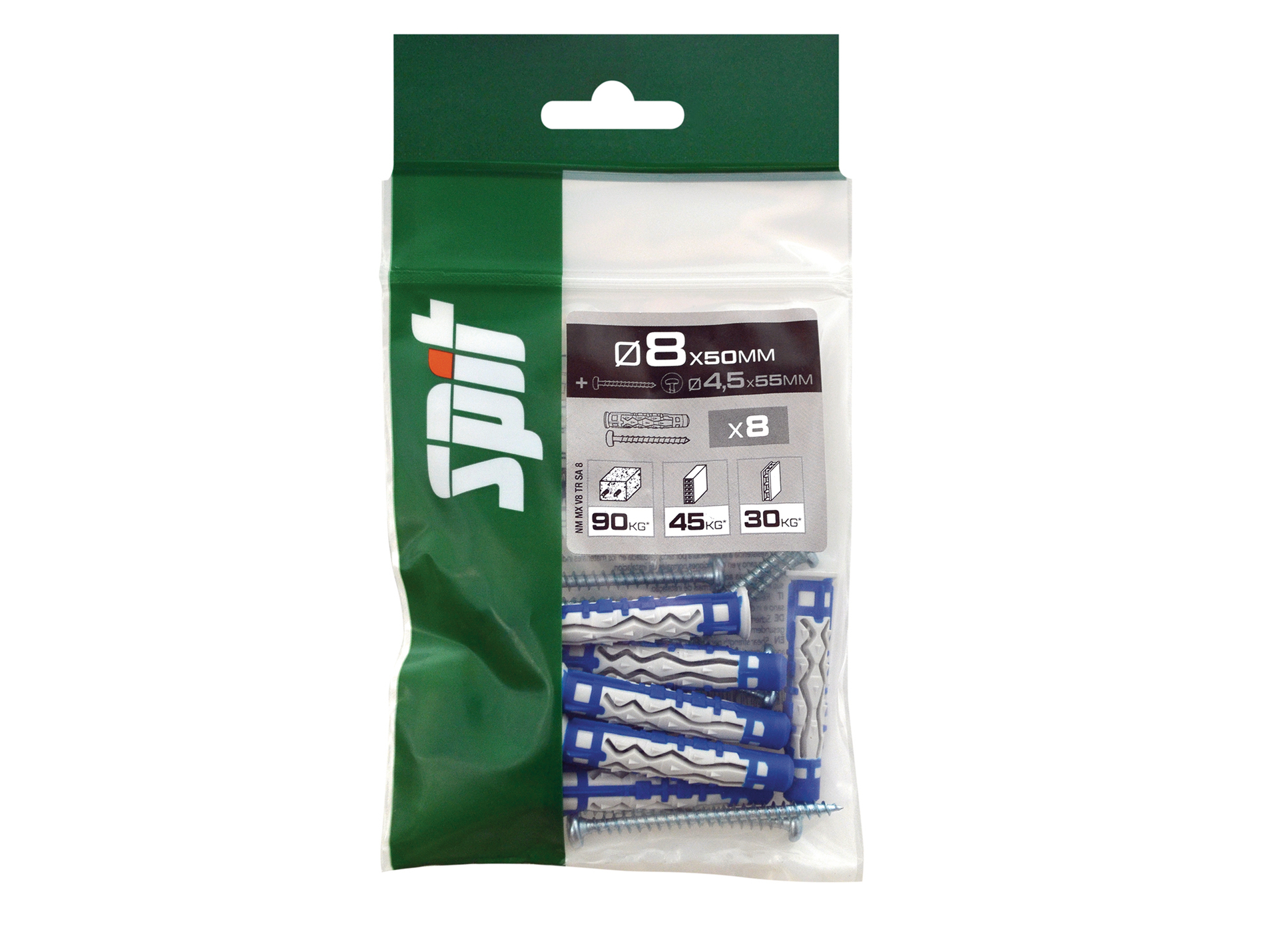 Cheville bi-matière SPIT MX 8x50mm avec vis TR 4-5x55mm x8