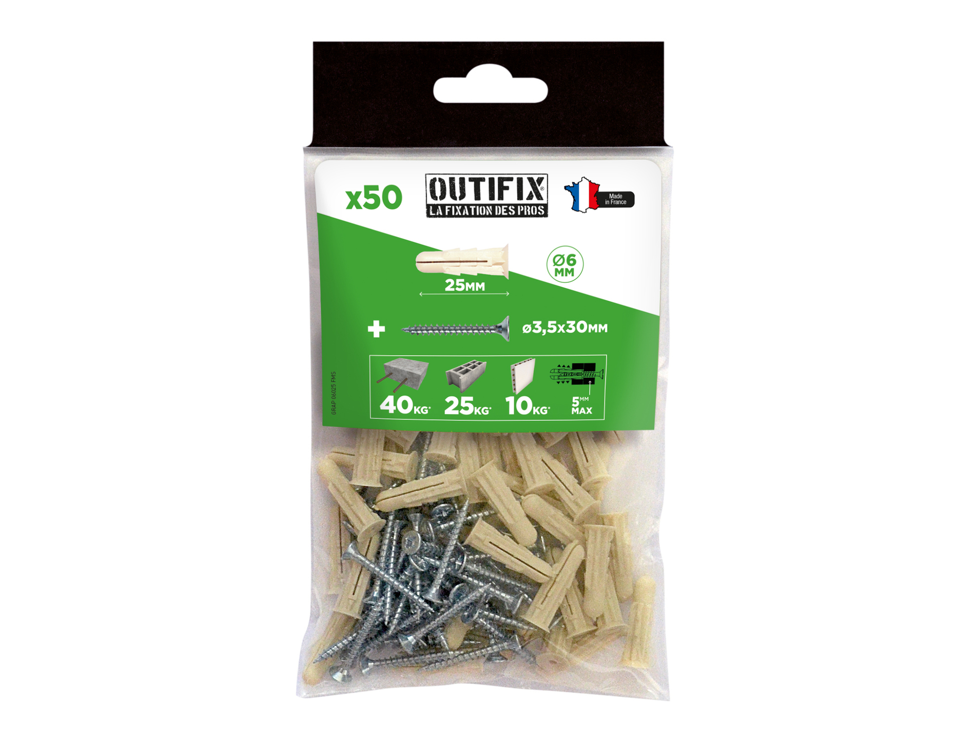 Chevilles crantées Ø6 L25mm x50 + vis