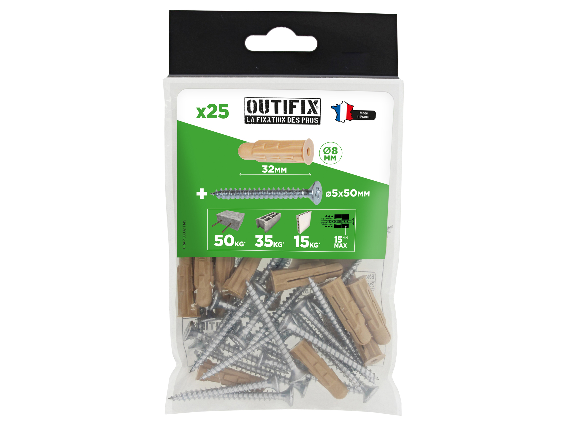 Chevilles crantées Ø8 L32mm x25 + vis