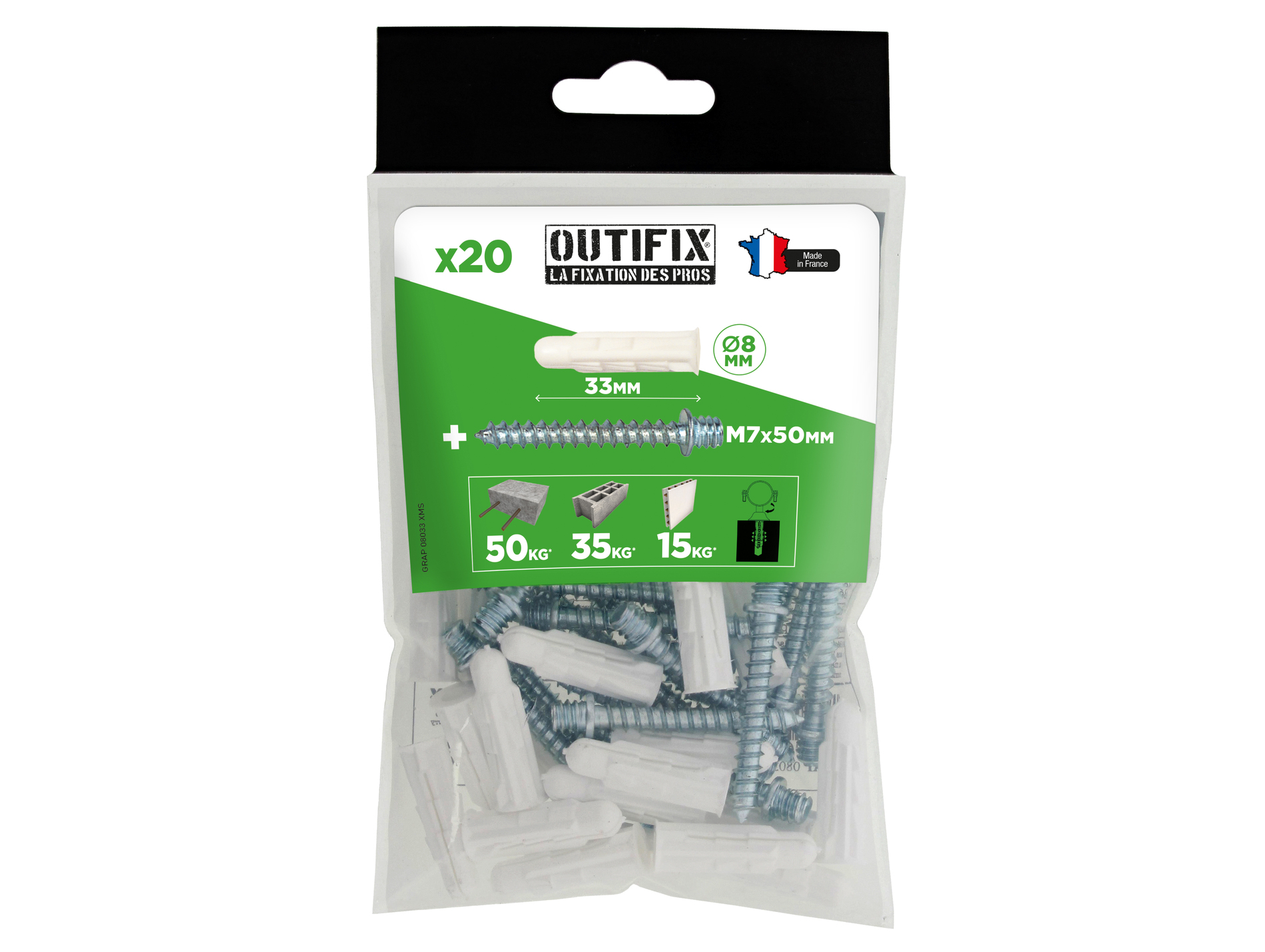 Chevilles crantées Ø8 L33mm x20 + pattes à vis